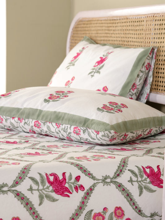 Hand Block Print Jaipuri Cotton Bedsheet With Two Reversible Pillow Cover