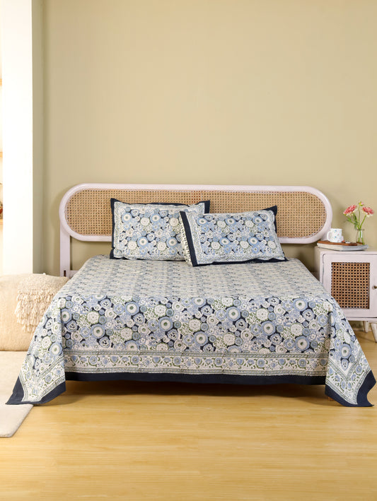 Hand Block Print Jaipuri Cotton Bedsheet With Two Reversible Pillow Cover