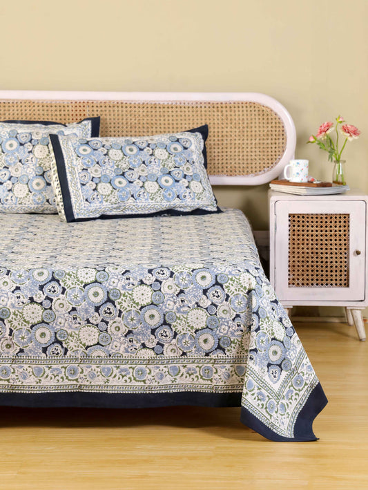 Hand Block Print Jaipuri Cotton Bedsheet With Two Reversible Pillow Cover