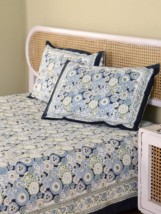 Hand Block Print Jaipuri Cotton Bedsheet With Two Reversible Pillow Cover