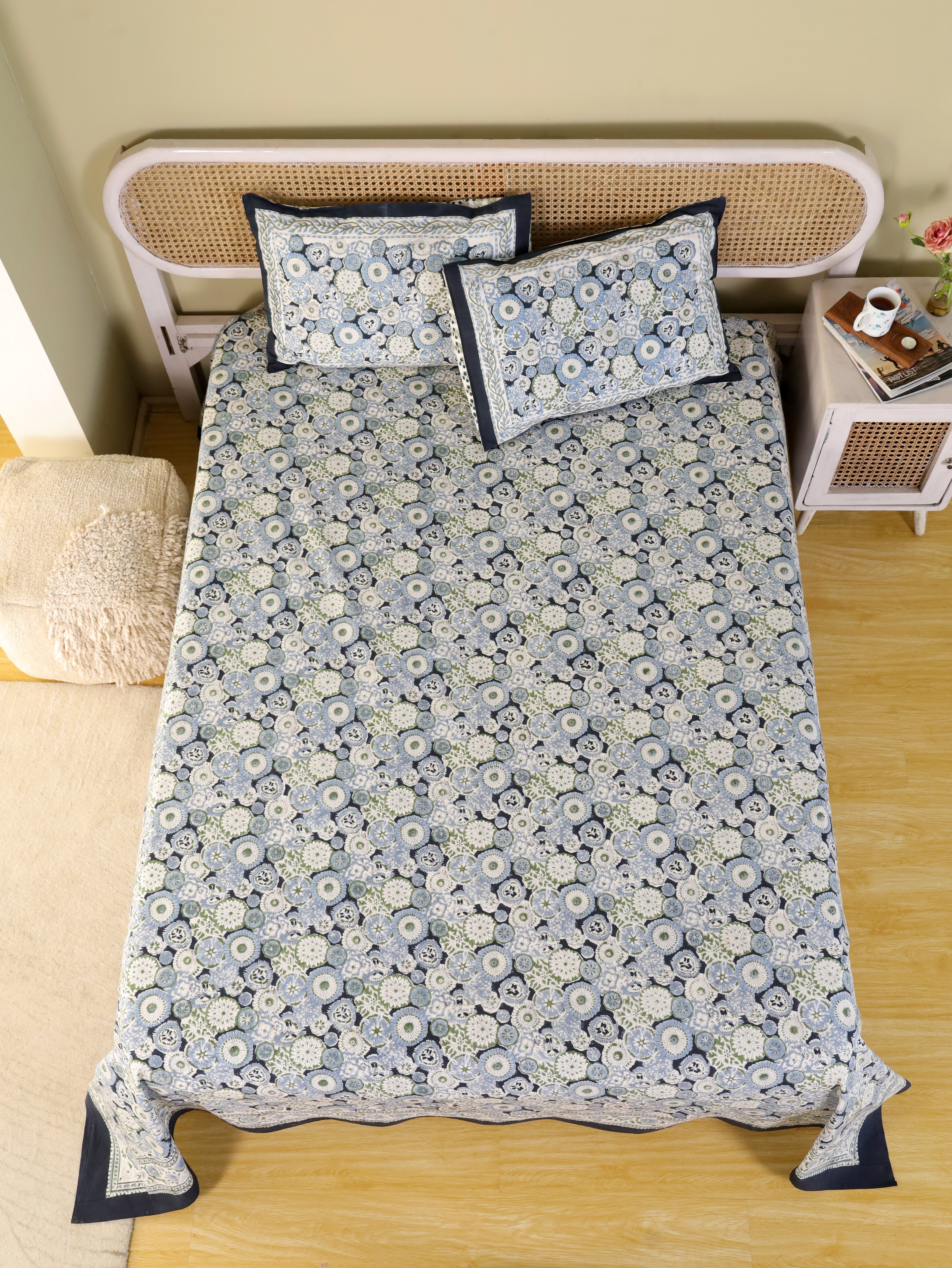 Hand Block Print Jaipuri Cotton Bedsheet With Two Reversible Pillow Cover