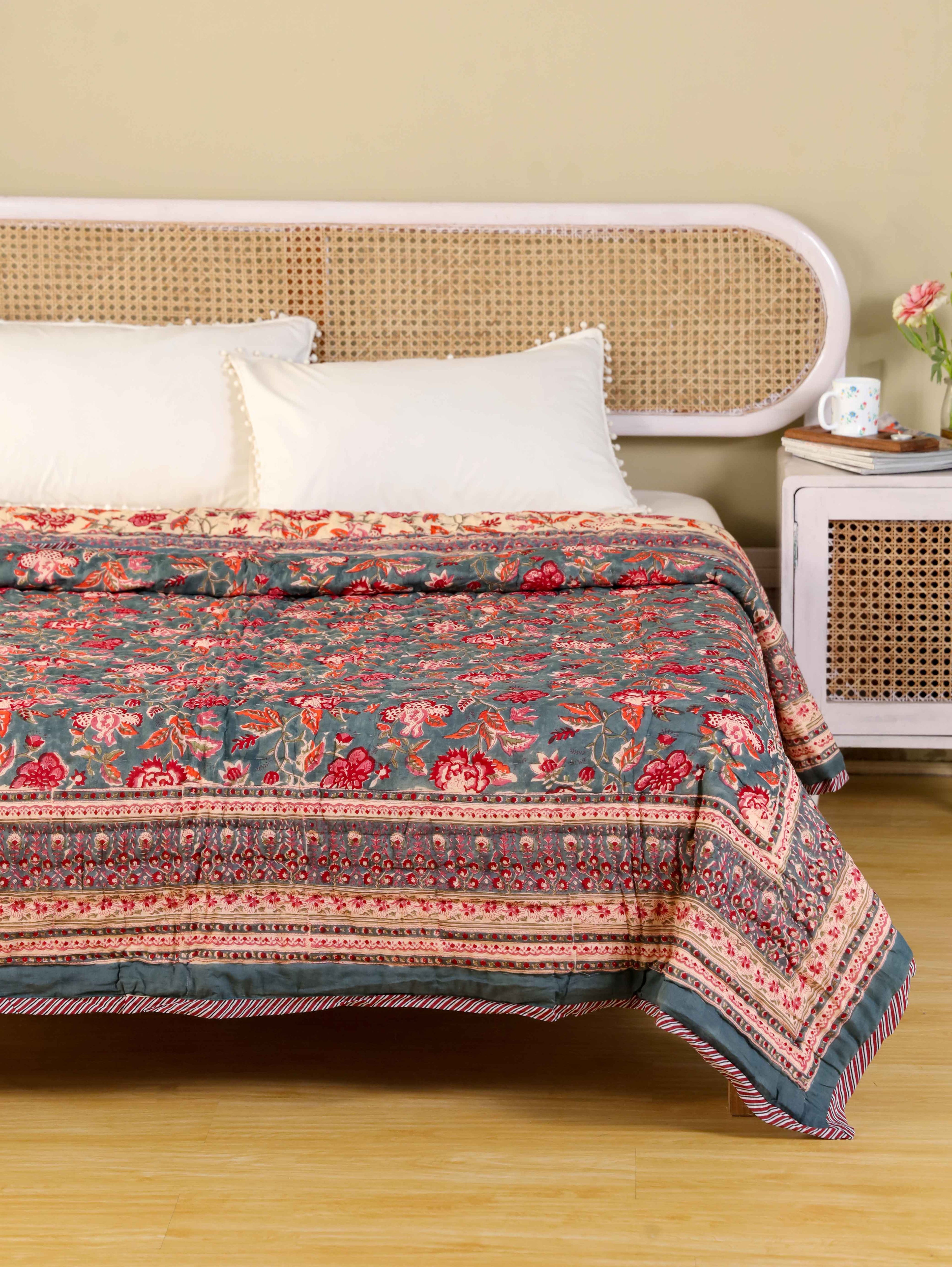 CHARCOLE HARITAGE VINE HAND BLOCK PRINT REVERSIBLE COTTON QUILT/RAZAI