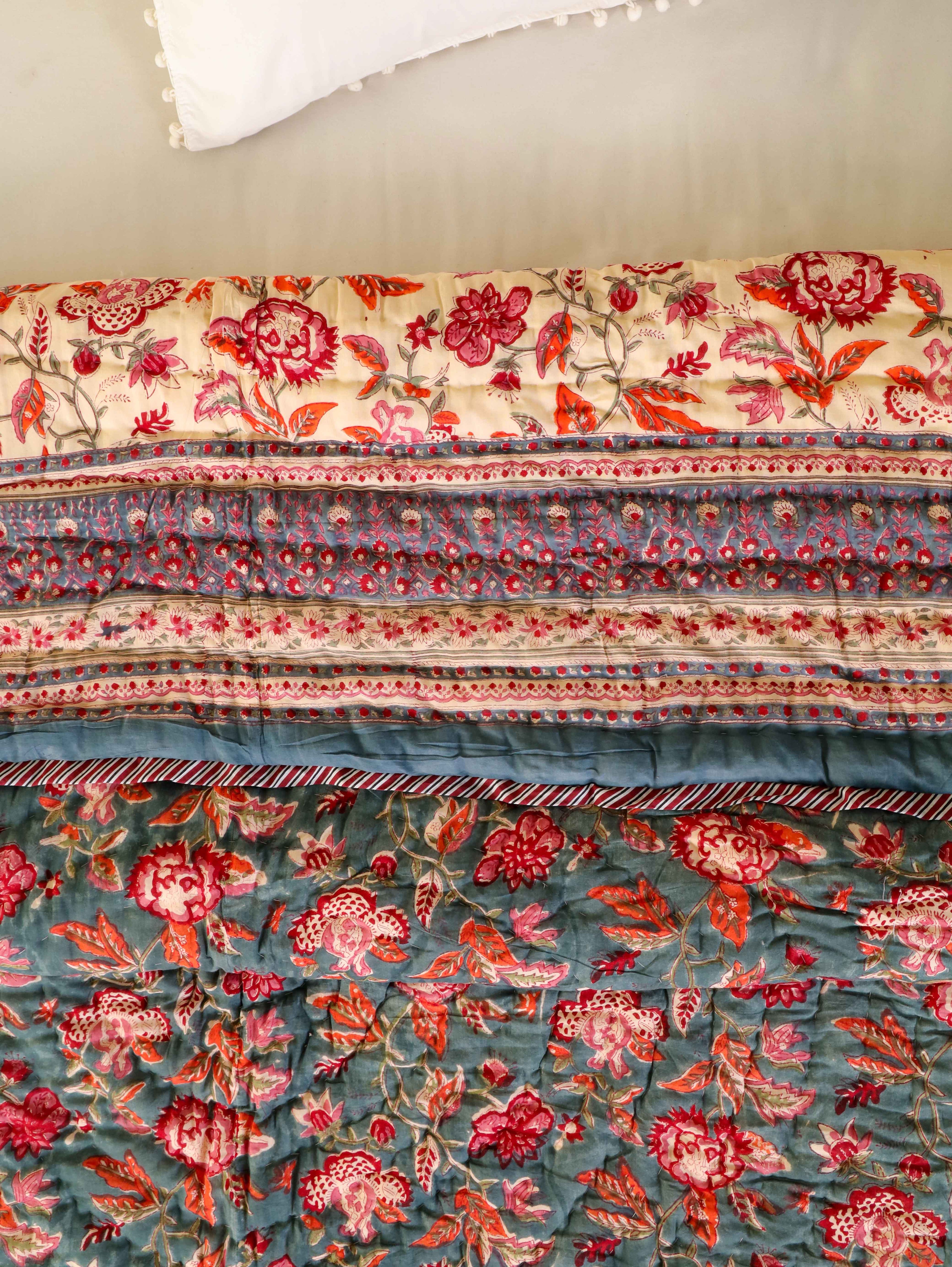 CHARCOLE HARITAGE VINE HAND BLOCK PRINT REVERSIBLE COTTON QUILT/RAZAI