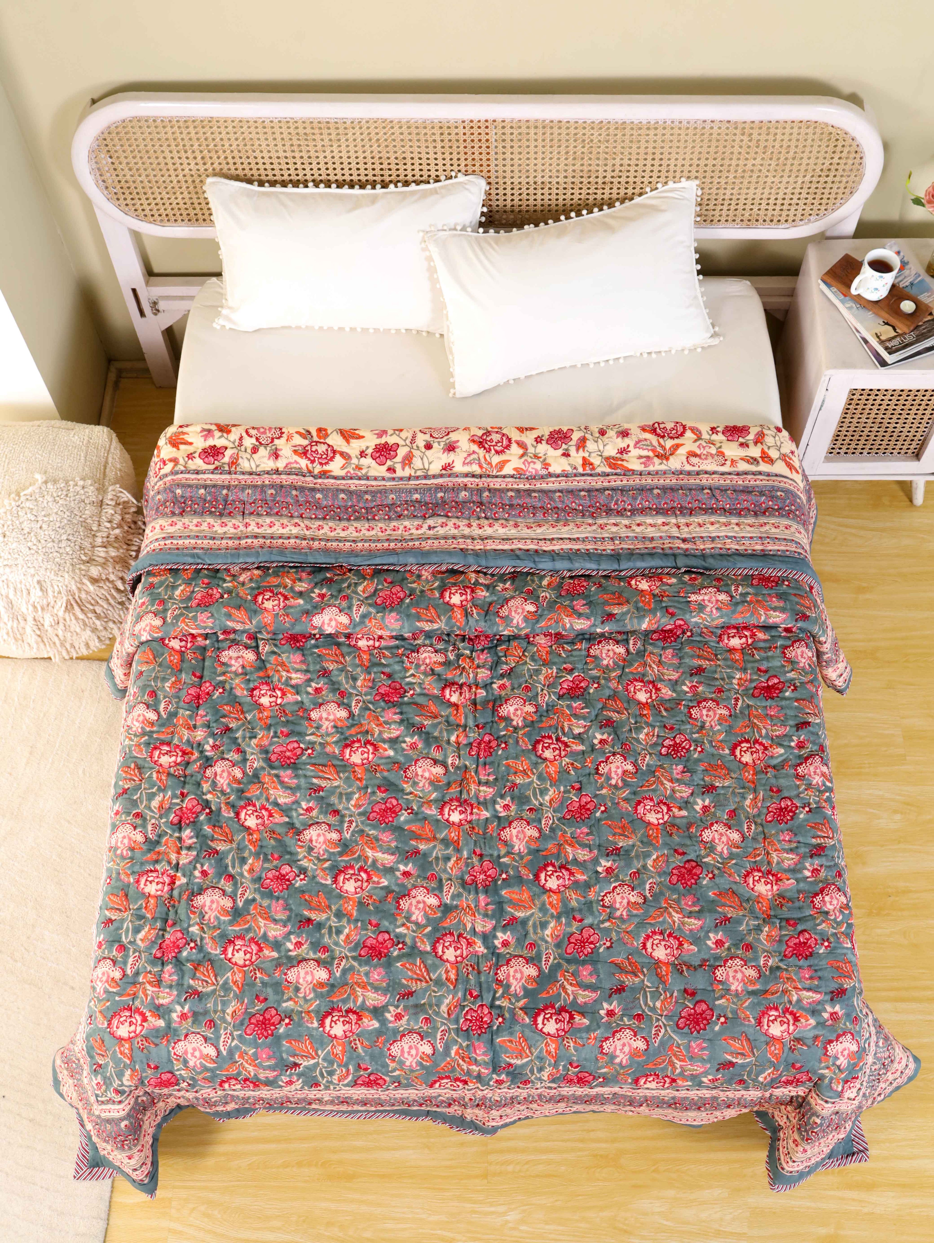 CHARCOLE HARITAGE VINE HAND BLOCK PRINT REVERSIBLE COTTON QUILT/RAZAI