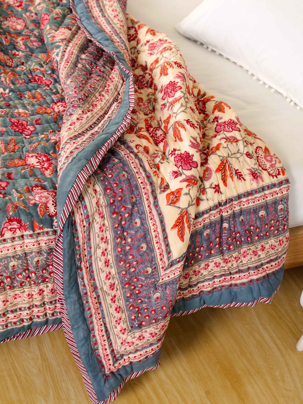 CHARCOLE HARITAGE VINE HAND BLOCK PRINT REVERSIBLE COTTON QUILT/RAZAI