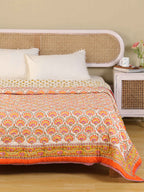 AMBER BLOOM ORANGE HAND BLOCK PRINT REVERSIBLE COTTON QUILT/RAZAI