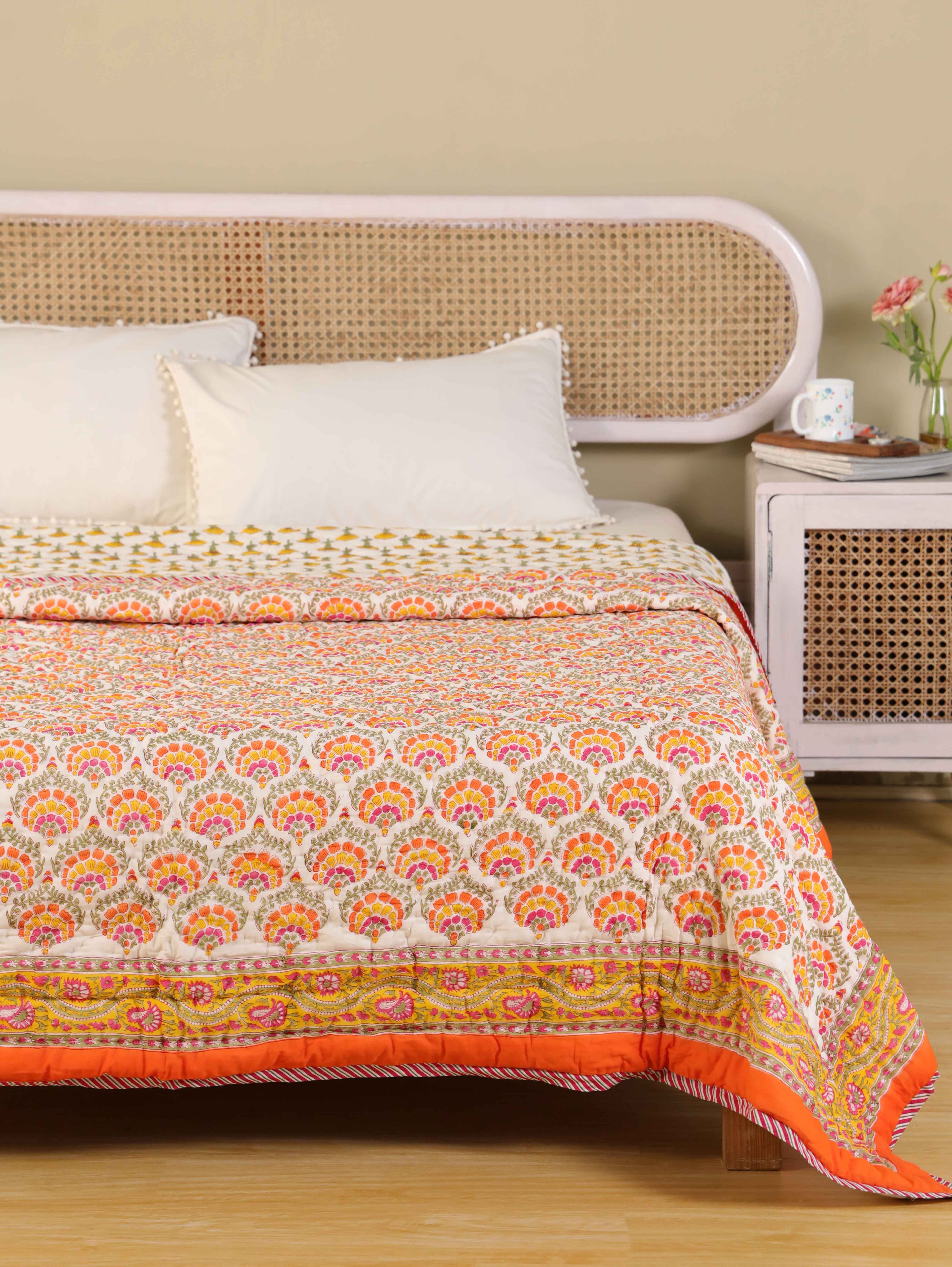 AMBER BLOOM ORANGE HAND BLOCK PRINT REVERSIBLE COTTON QUILT/RAZAI