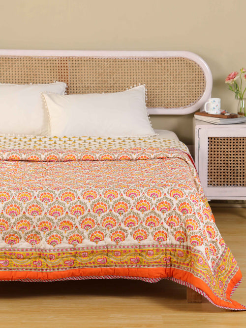 AMBER BLOOM ORANGE HAND BLOCK PRINT REVERSIBLE COTTON QUILT/RAZAI