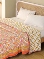 AMBER BLOOM ORANGE HAND BLOCK PRINT REVERSIBLE COTTON QUILT/RAZAI