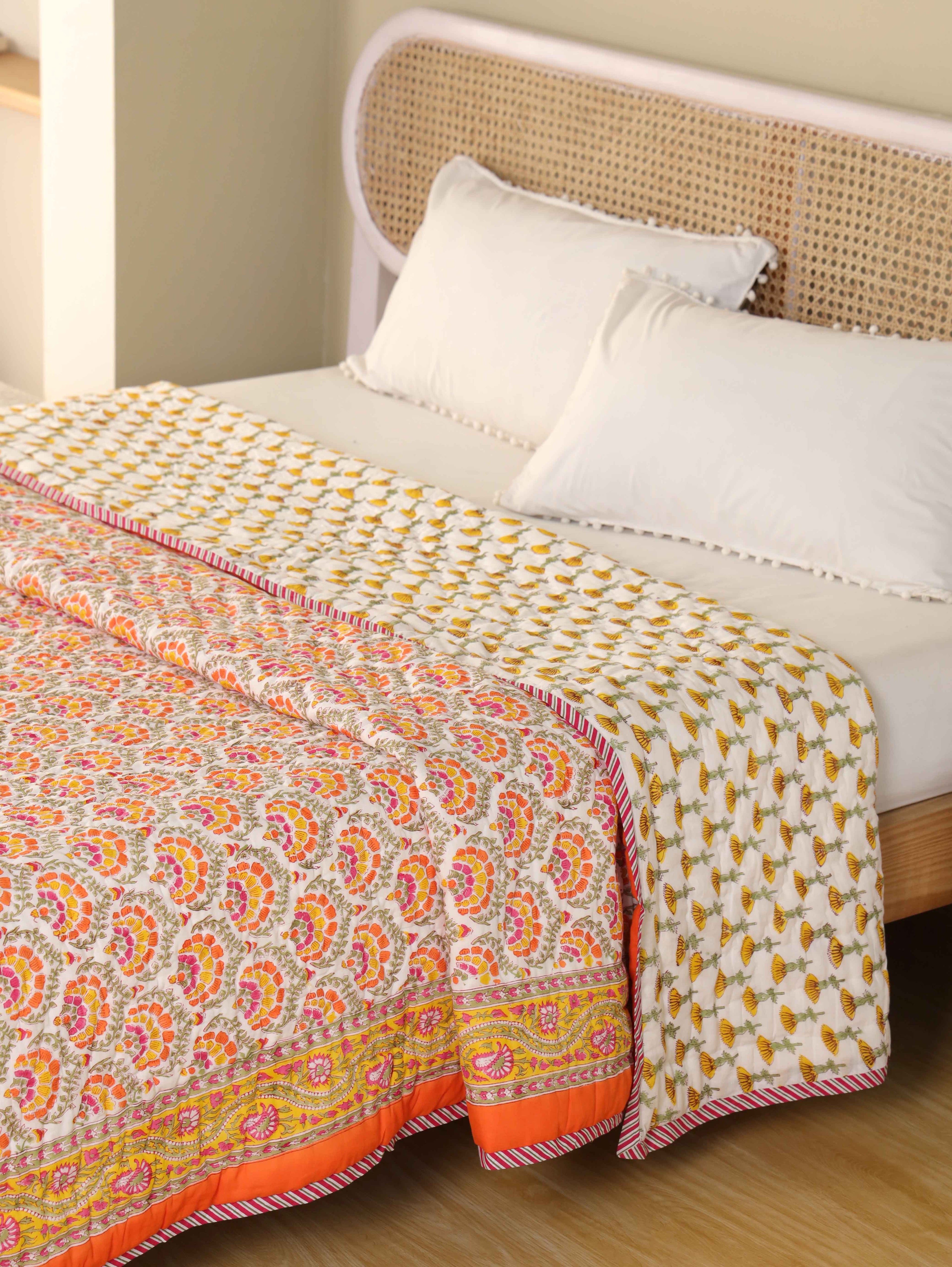 AMBER BLOOM ORANGE HAND BLOCK PRINT REVERSIBLE COTTON QUILT/RAZAI