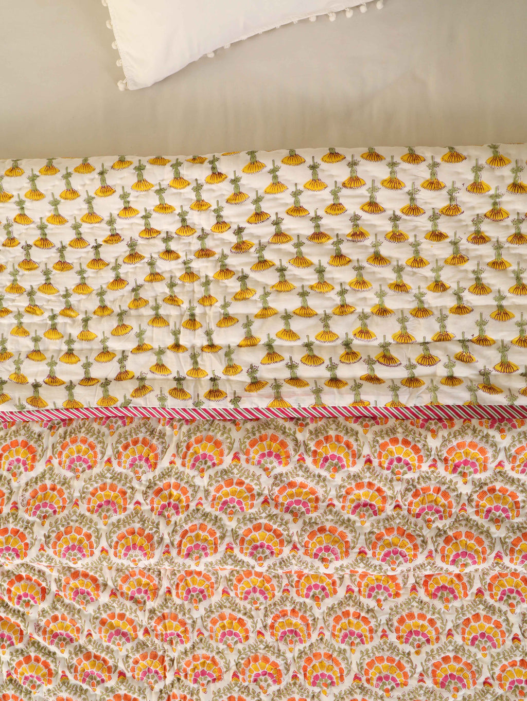 AMBER BLOOM ORANGE HAND BLOCK PRINT REVERSIBLE COTTON QUILT/RAZAI