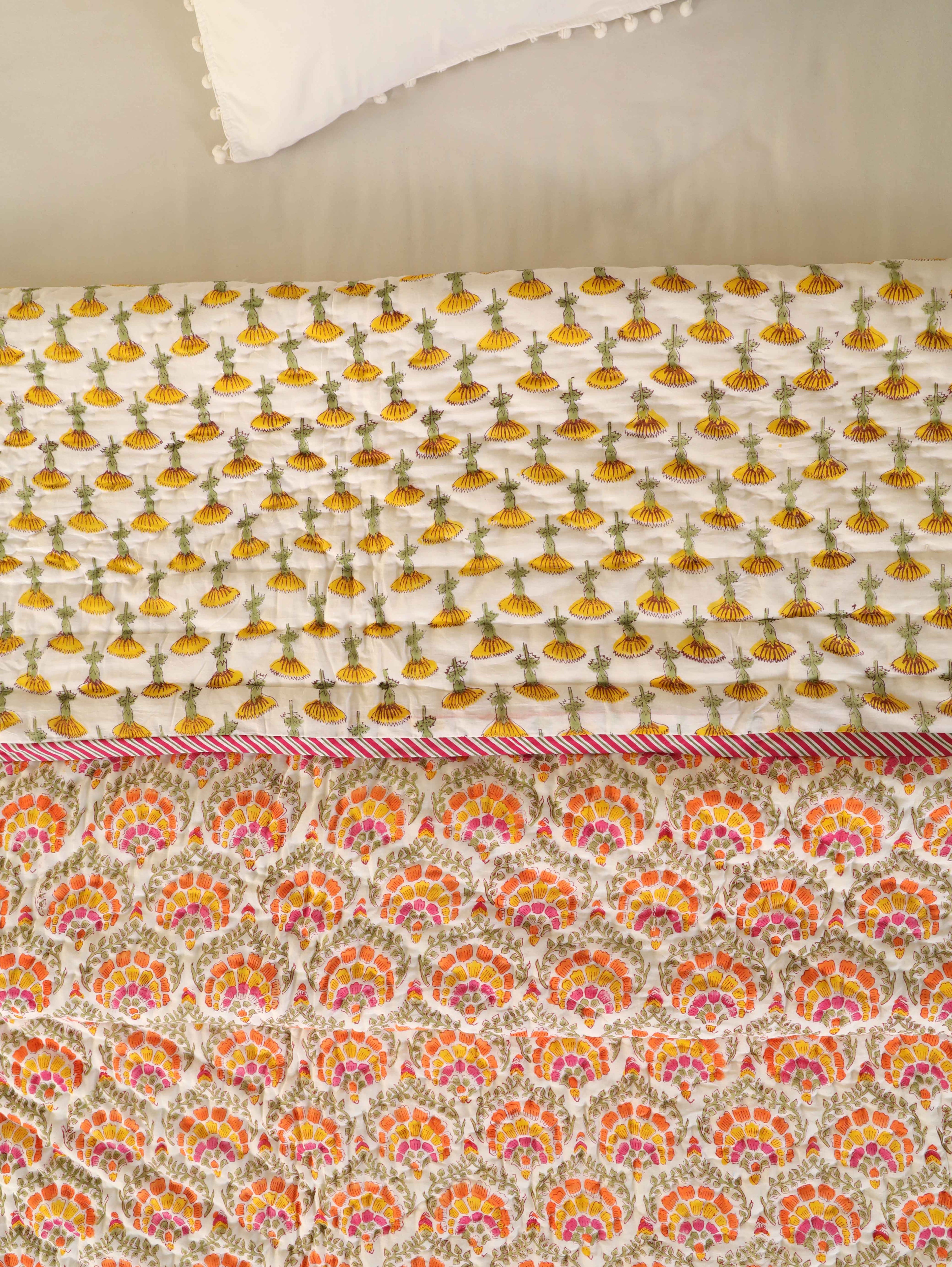 AMBER BLOOM ORANGE HAND BLOCK PRINT REVERSIBLE COTTON QUILT/RAZAI