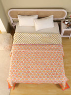 AMBER BLOOM ORANGE HAND BLOCK PRINT REVERSIBLE COTTON QUILT/RAZAI