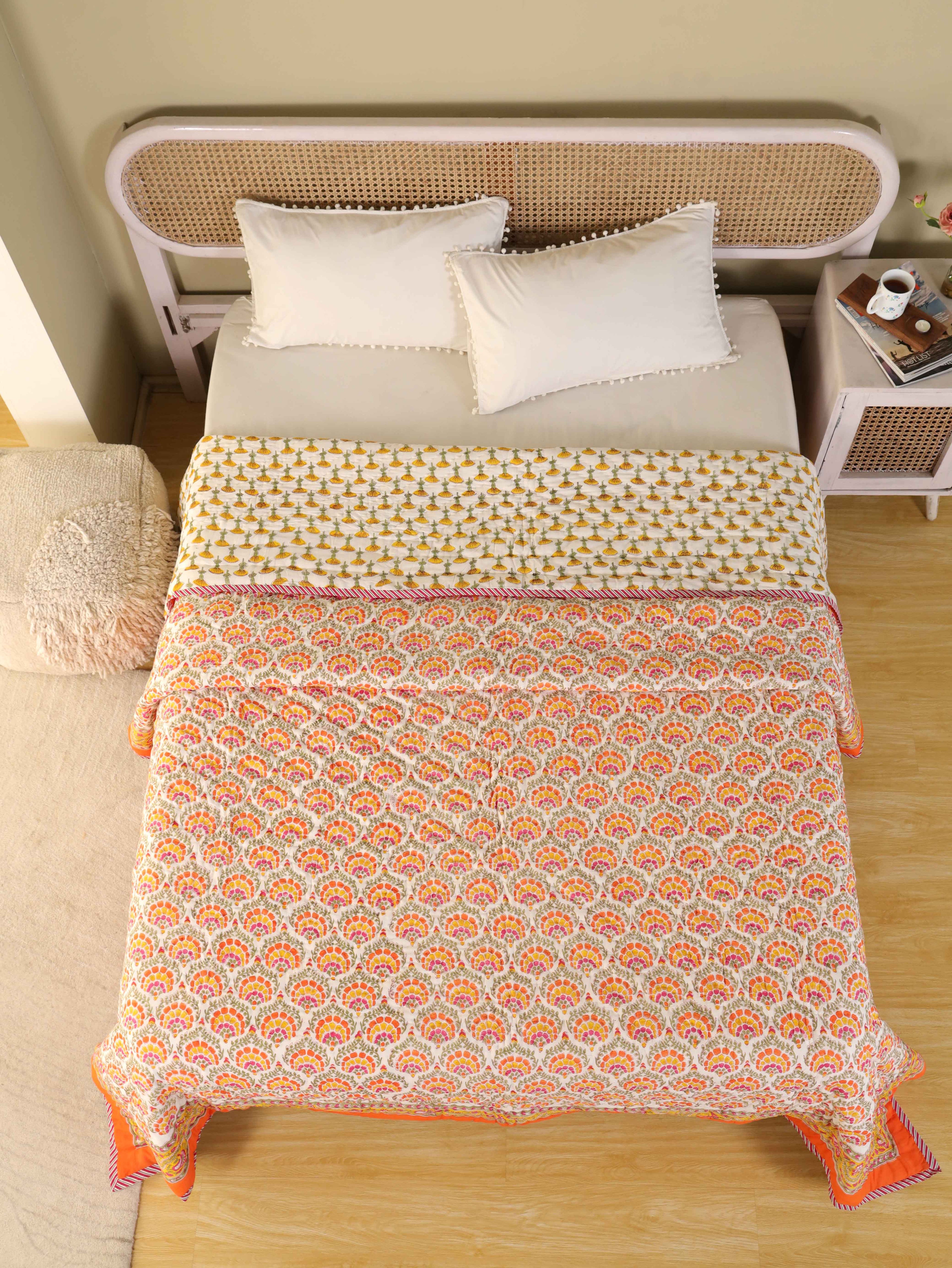 AMBER BLOOM ORANGE HAND BLOCK PRINT REVERSIBLE COTTON QUILT/RAZAI