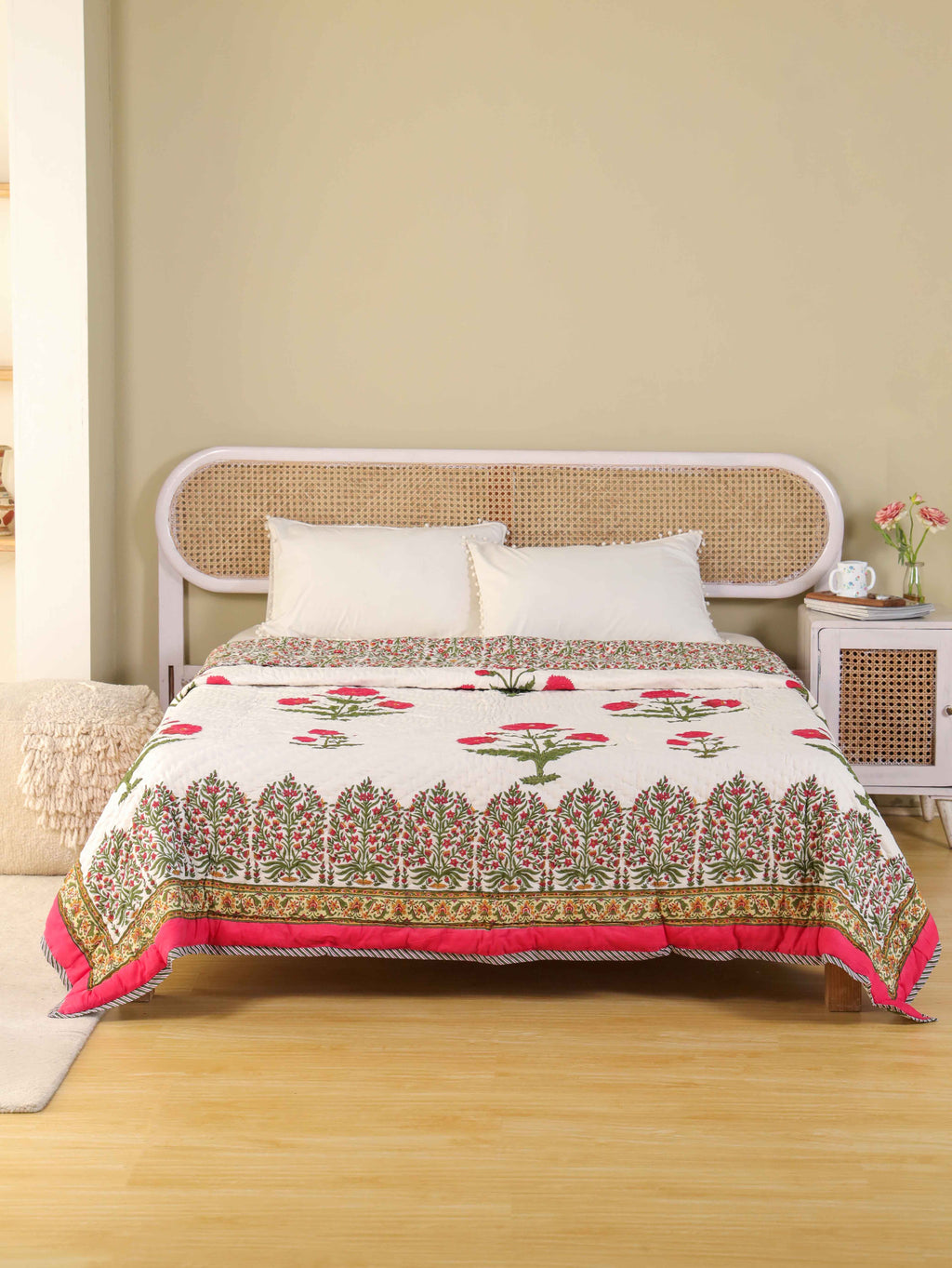 ROYAL RED POPPY HAND BLOCK PRINT REVERSIBLE COTTON QUILT/RAZAI