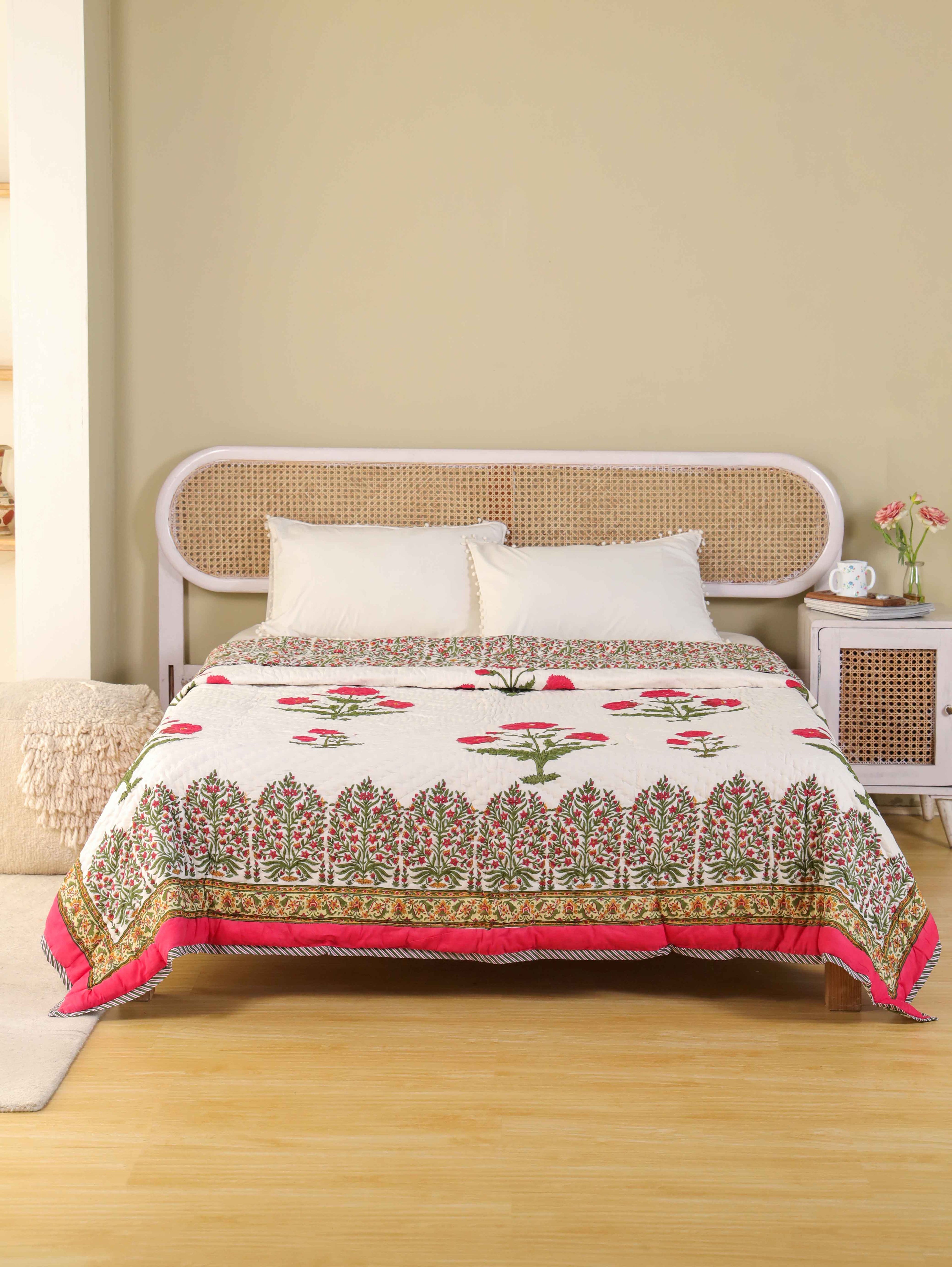 ROYAL RED POPPY HAND BLOCK PRINT REVERSIBLE COTTON QUILT/RAZAI