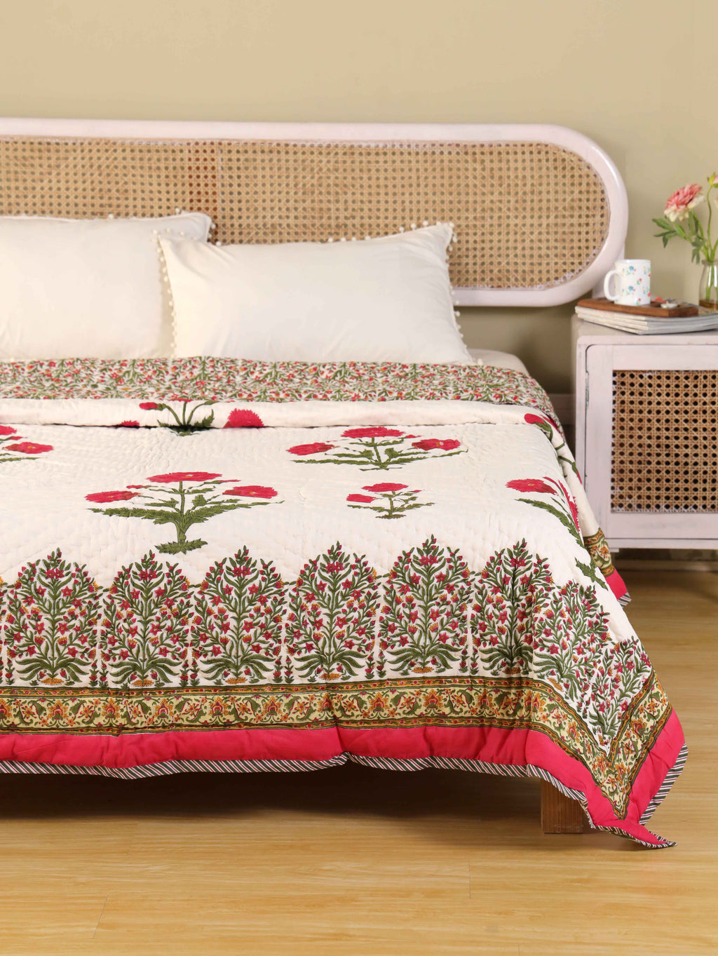ROYAL RED POPPY HAND BLOCK PRINT REVERSIBLE COTTON QUILT/RAZAI