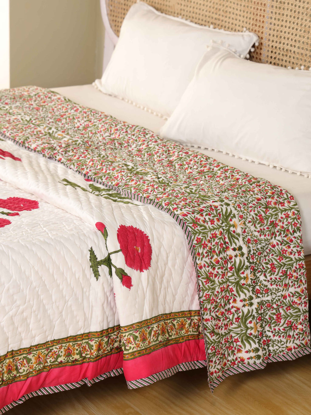 ROYAL RED POPPY HAND BLOCK PRINT REVERSIBLE COTTON QUILT/RAZAI