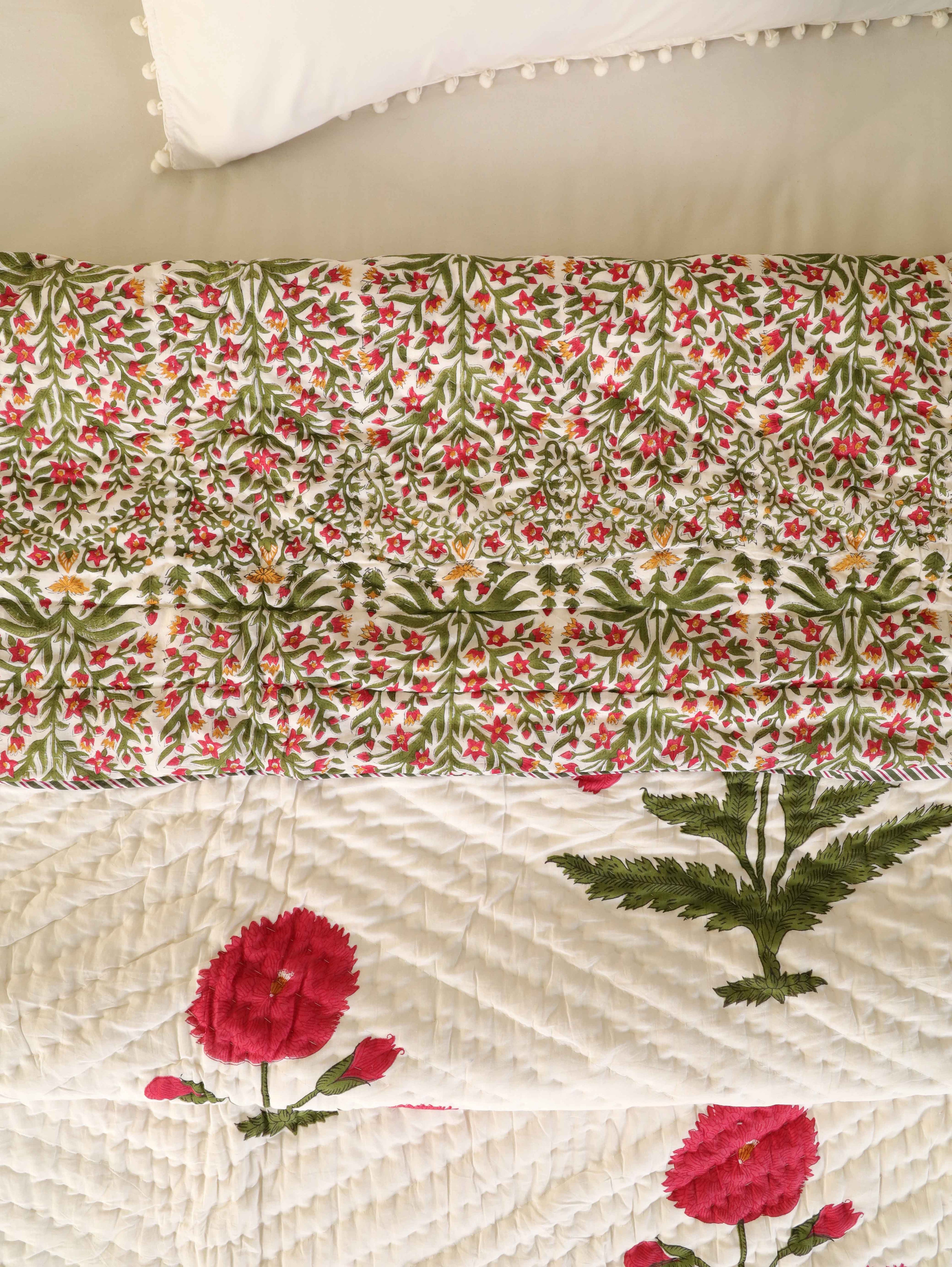 ROYAL RED POPPY HAND BLOCK PRINT REVERSIBLE COTTON QUILT/RAZAI