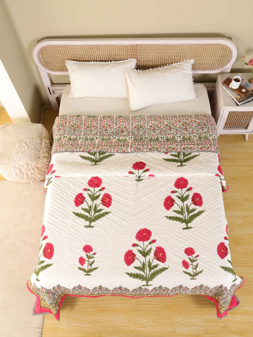 ROYAL RED POPPY HAND BLOCK PRINT REVERSIBLE COTTON QUILT/RAZAI