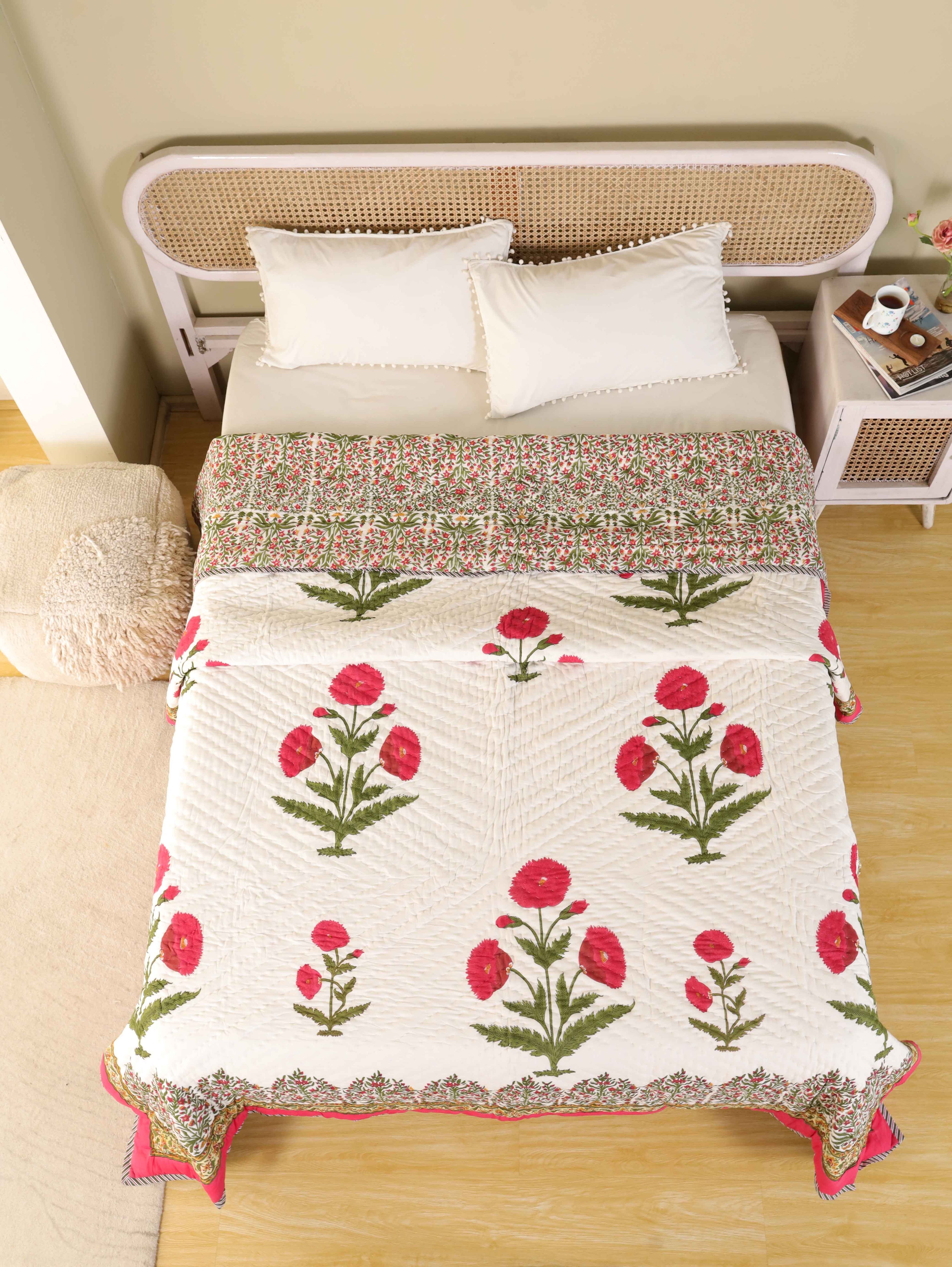 ROYAL RED POPPY HAND BLOCK PRINT REVERSIBLE COTTON QUILT/RAZAI
