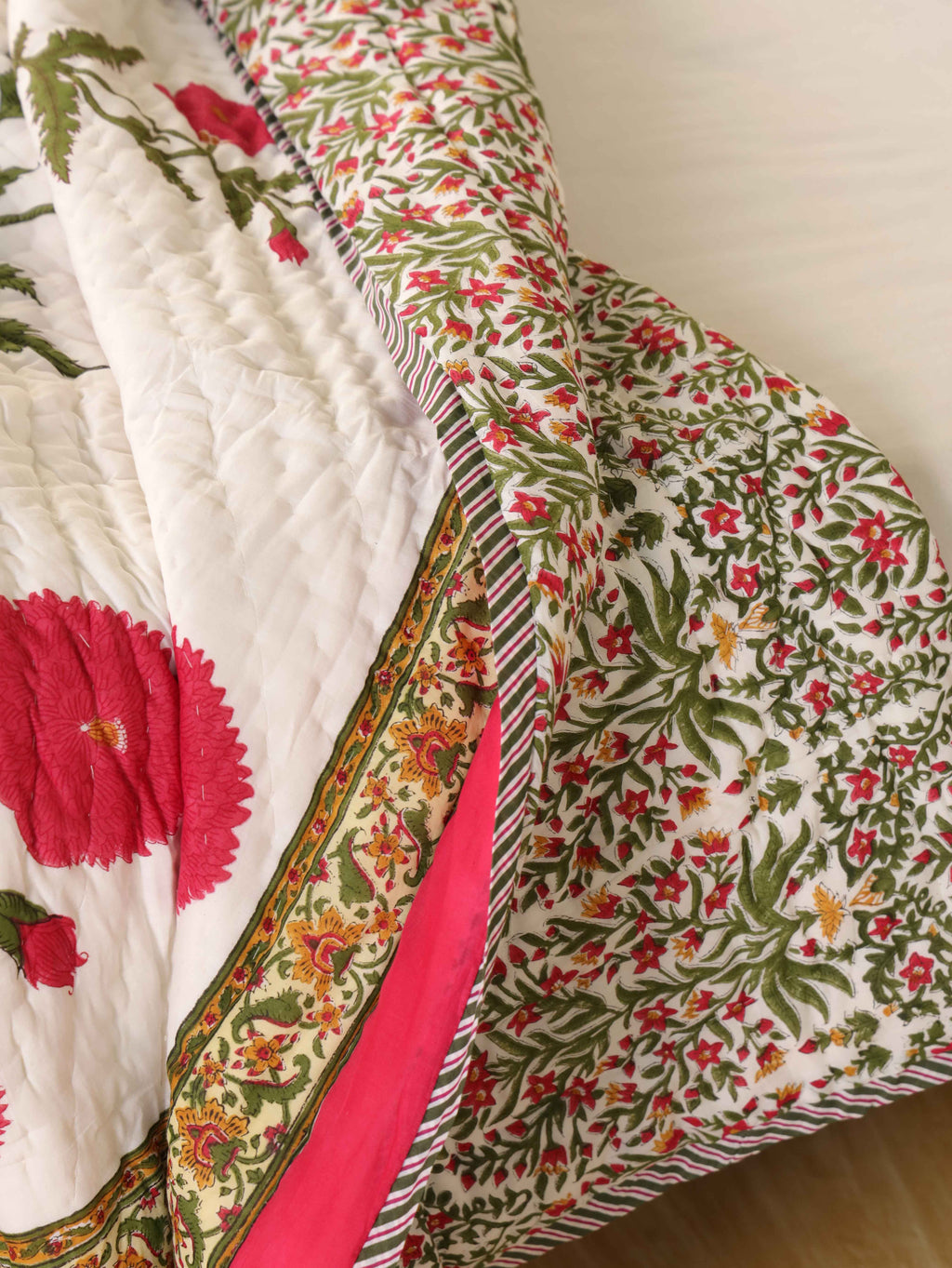 ROYAL RED POPPY HAND BLOCK PRINT REVERSIBLE COTTON QUILT/RAZAI
