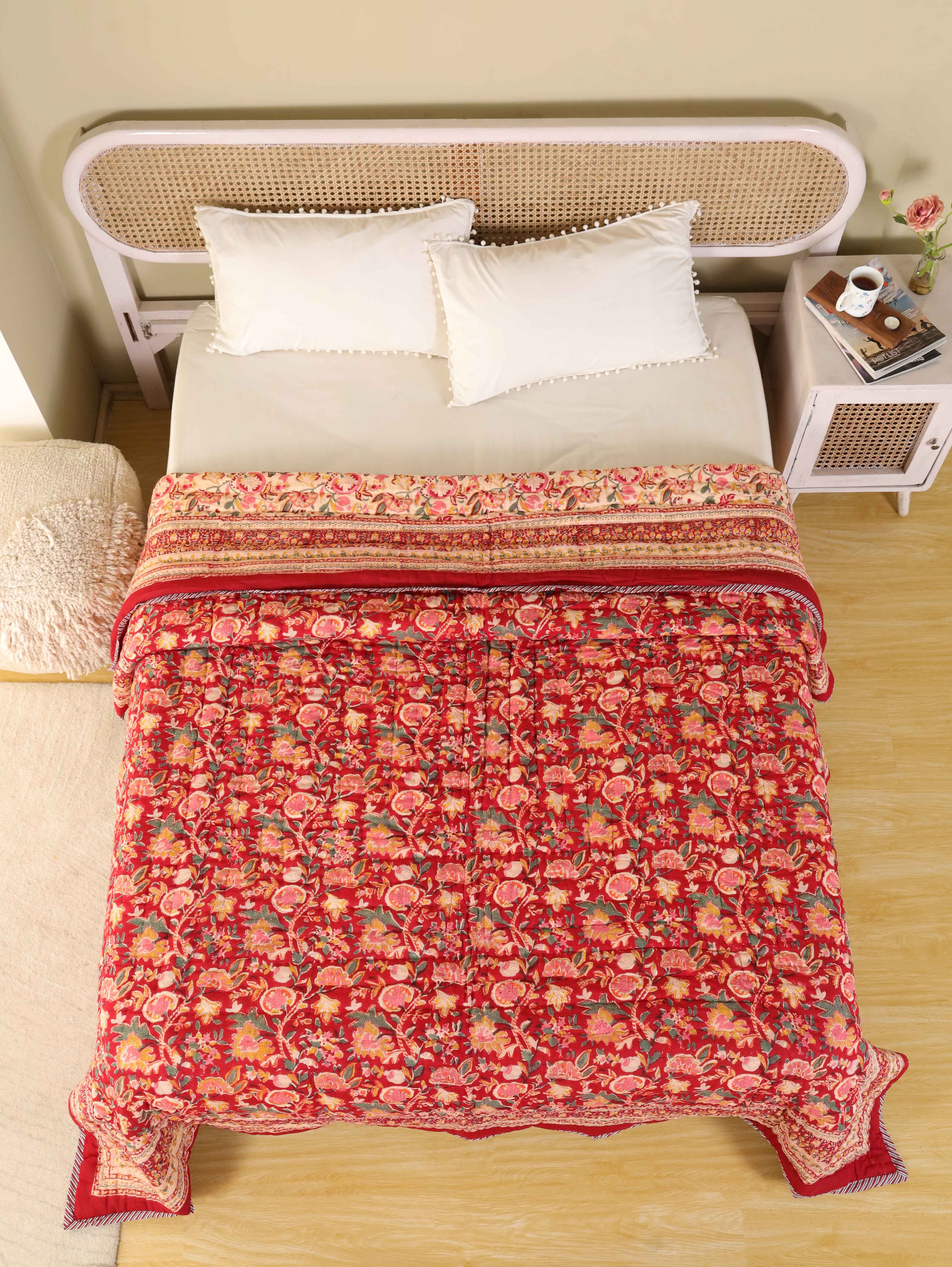ROYAL RAPID RED HAND BLOCK PRINT REVERSIBLE COTTON QUILT/RAZAI