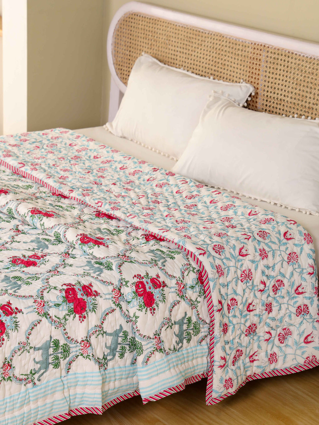 THE ROYAL LEOPARD PRINT HAND BLOCK PRINT REVERSIBLE COTTON QUILT/RAZAI