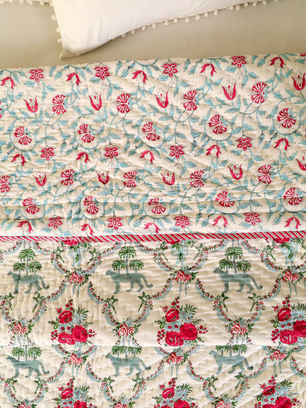 THE ROYAL LEOPARD PRINT HAND BLOCK PRINT REVERSIBLE COTTON QUILT/RAZAI