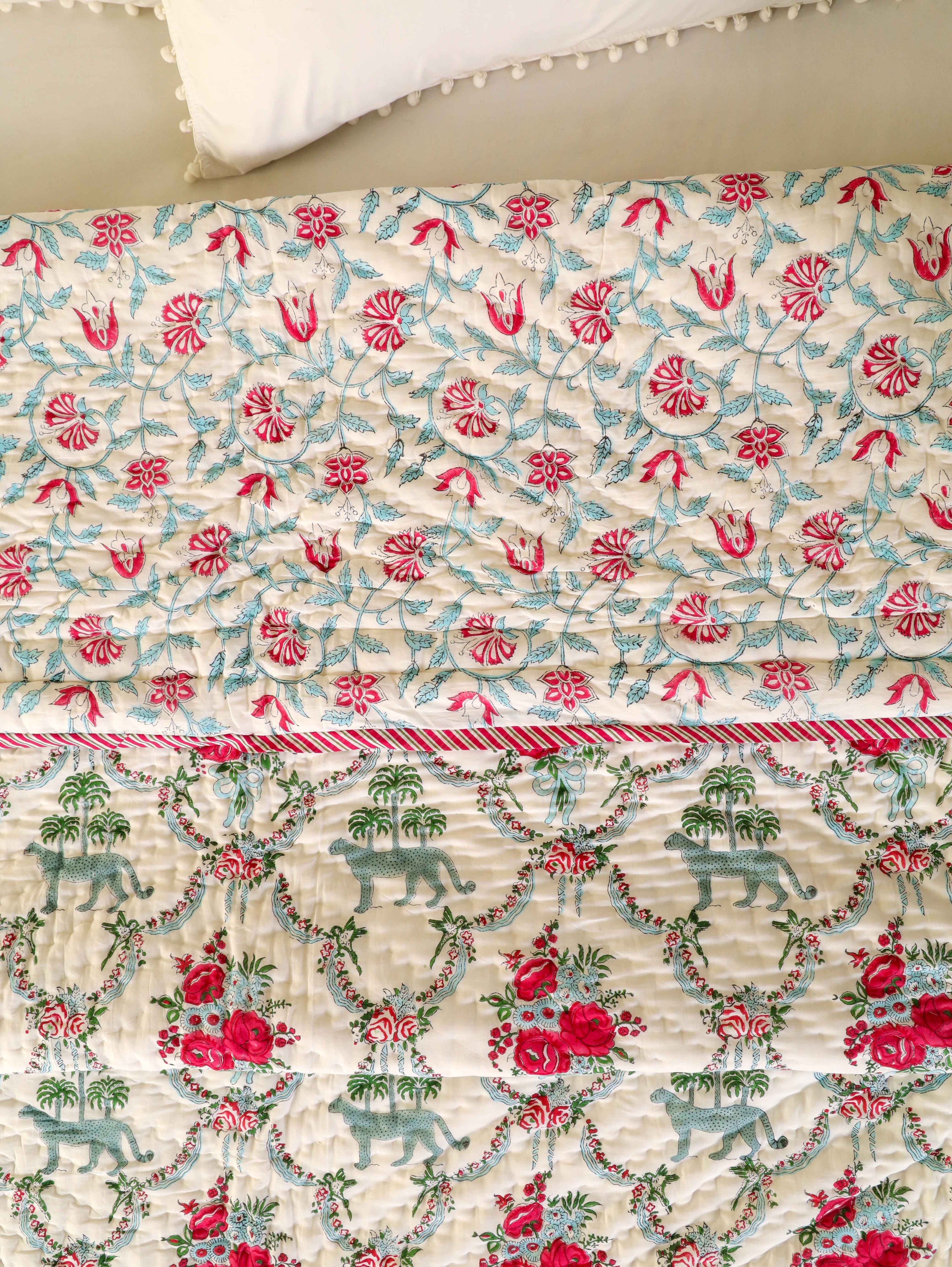 THE ROYAL LEOPARD PRINT HAND BLOCK PRINT REVERSIBLE COTTON QUILT/RAZAI