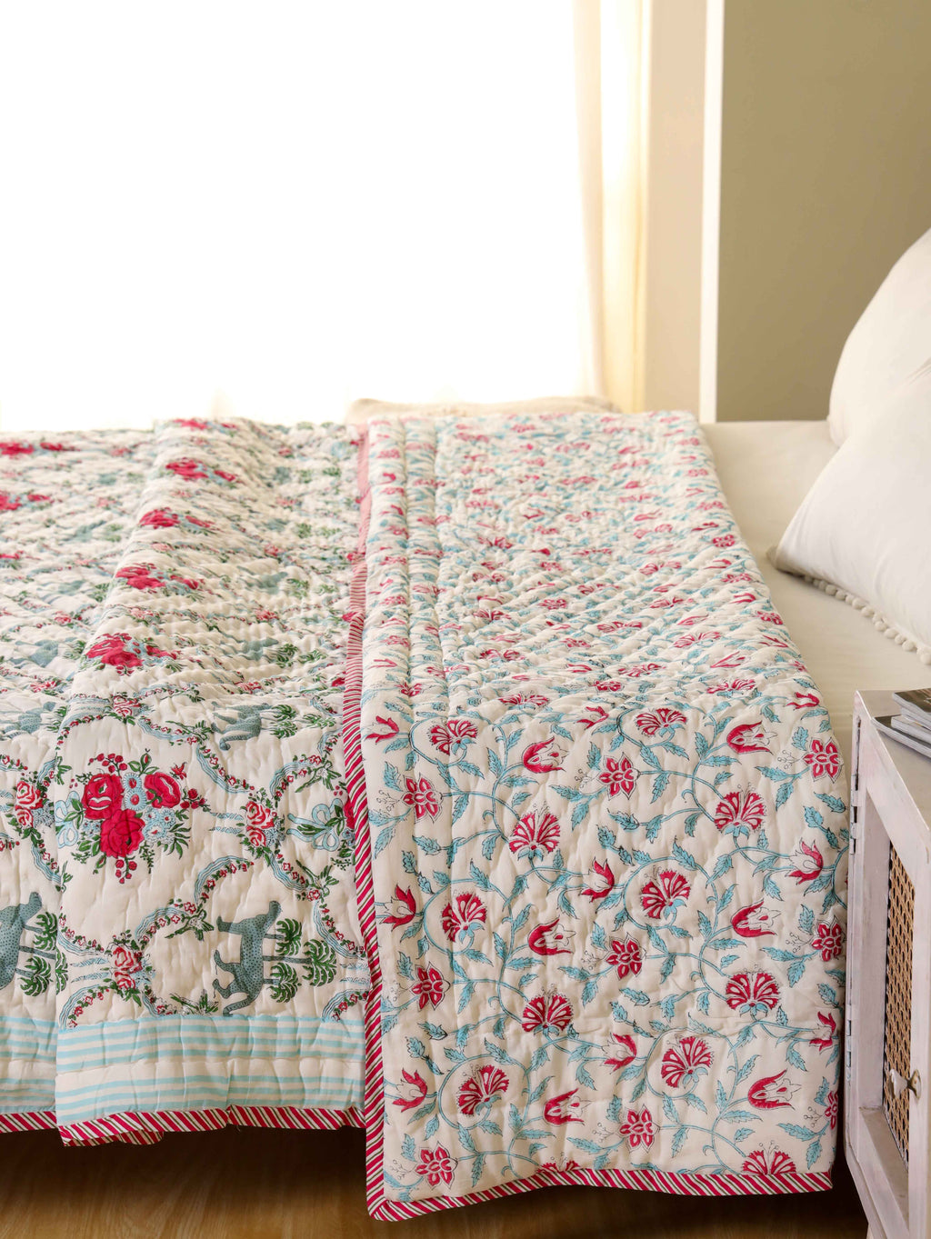 THE ROYAL LEOPARD PRINT HAND BLOCK PRINT REVERSIBLE COTTON QUILT/RAZAI