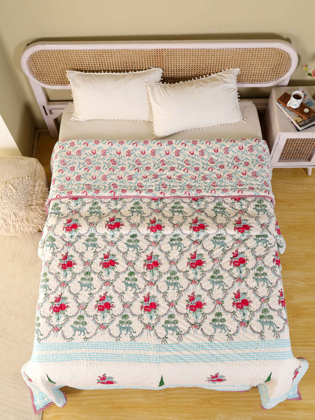 THE ROYAL LEOPARD PRINT HAND BLOCK PRINT REVERSIBLE COTTON QUILT/RAZAI