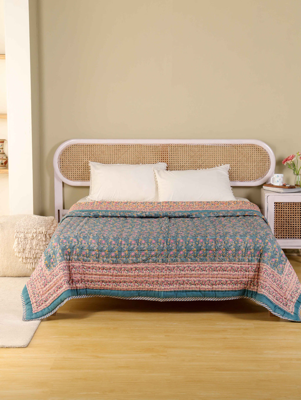 SHAHI NEEL JAAL HAND BLOCK PRINT REVERSIBLE COTTON QUILT/RAZAI