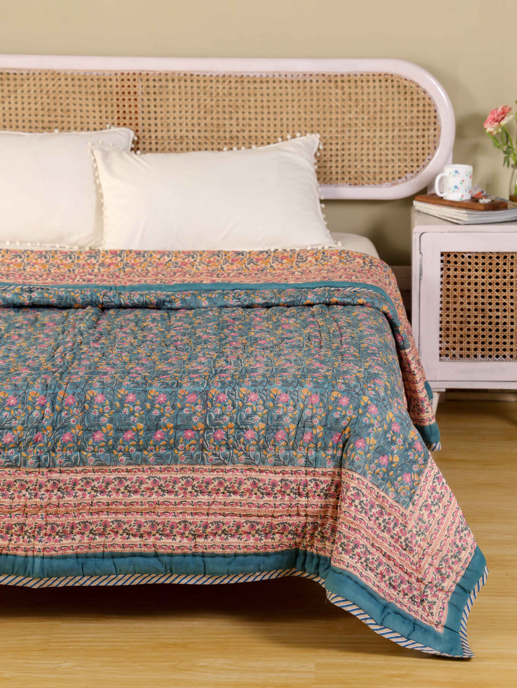 SHAHI NEEL JAAL HAND BLOCK PRINT REVERSIBLE COTTON QUILT/RAZAI
