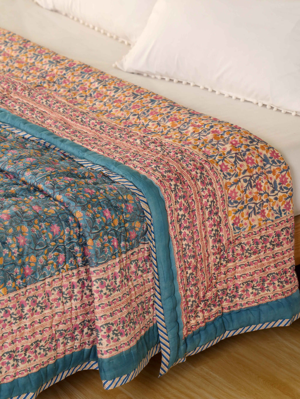 SHAHI NEEL JAAL HAND BLOCK PRINT REVERSIBLE COTTON QUILT/RAZAI