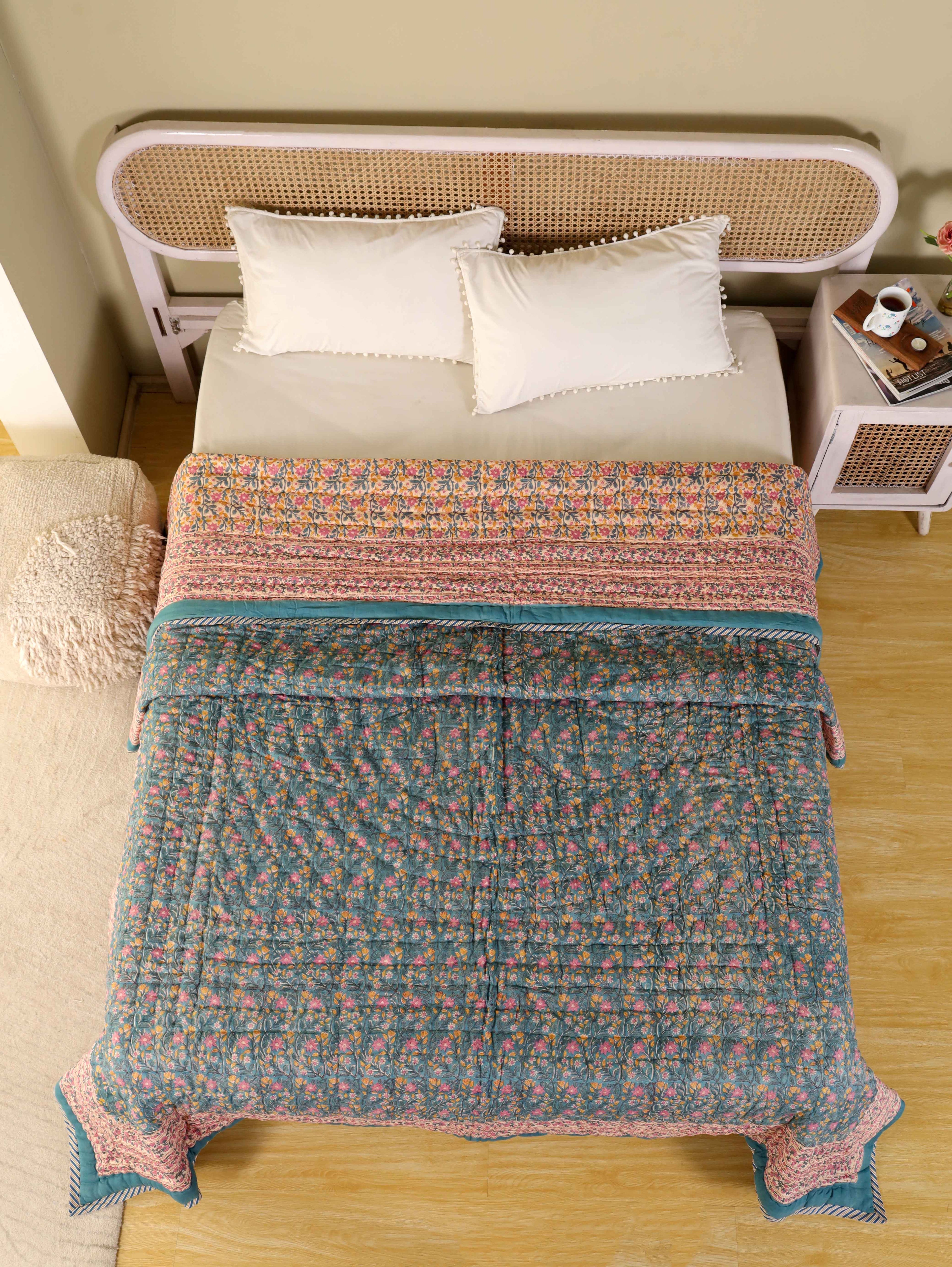 SHAHI NEEL JAAL HAND BLOCK PRINT REVERSIBLE COTTON QUILT/RAZAI