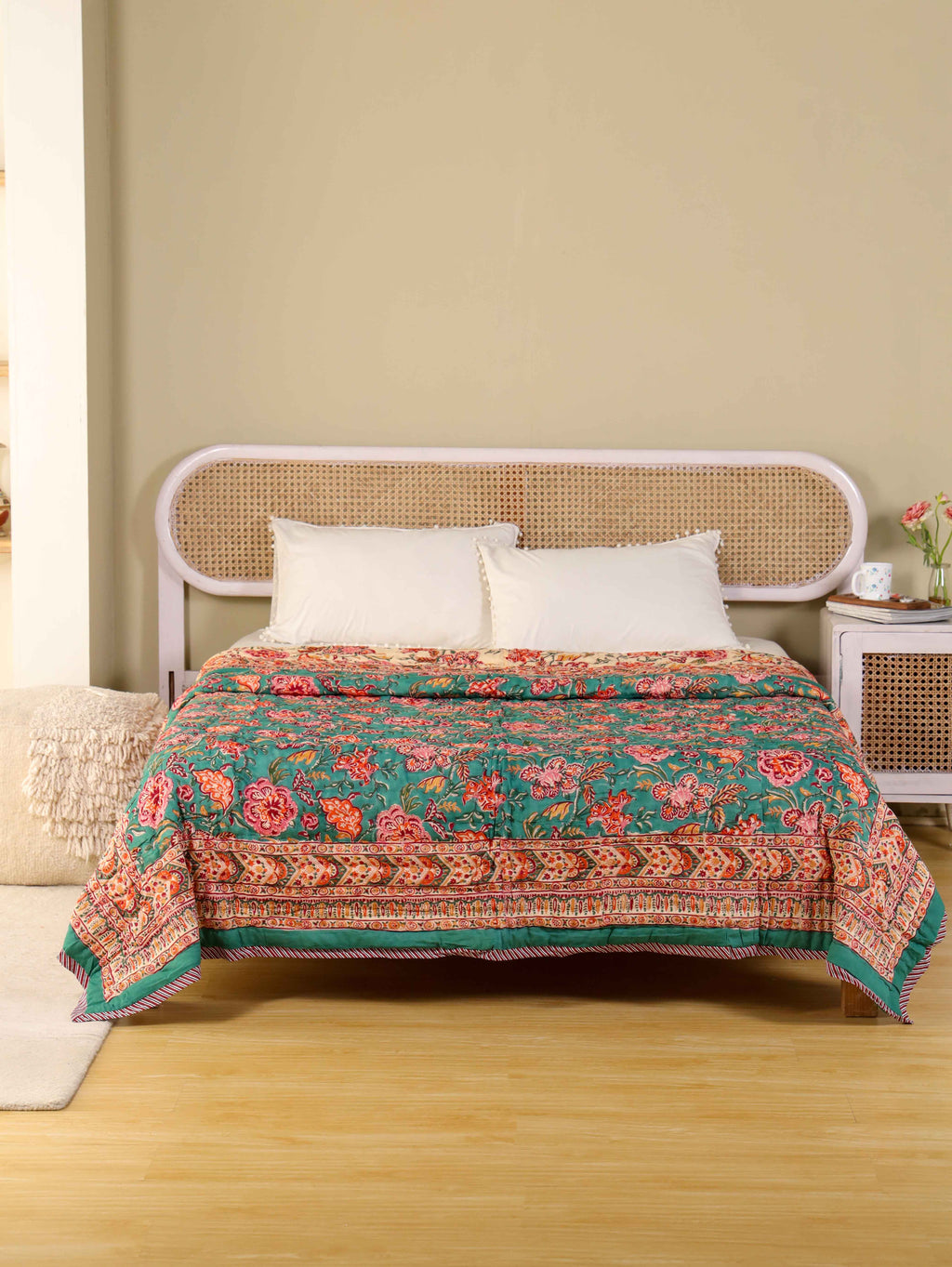 SHAHI GREEN KASHYAB HAND BLOCK PRINT REVERSIBLE COTTON QUILT/RAZAI