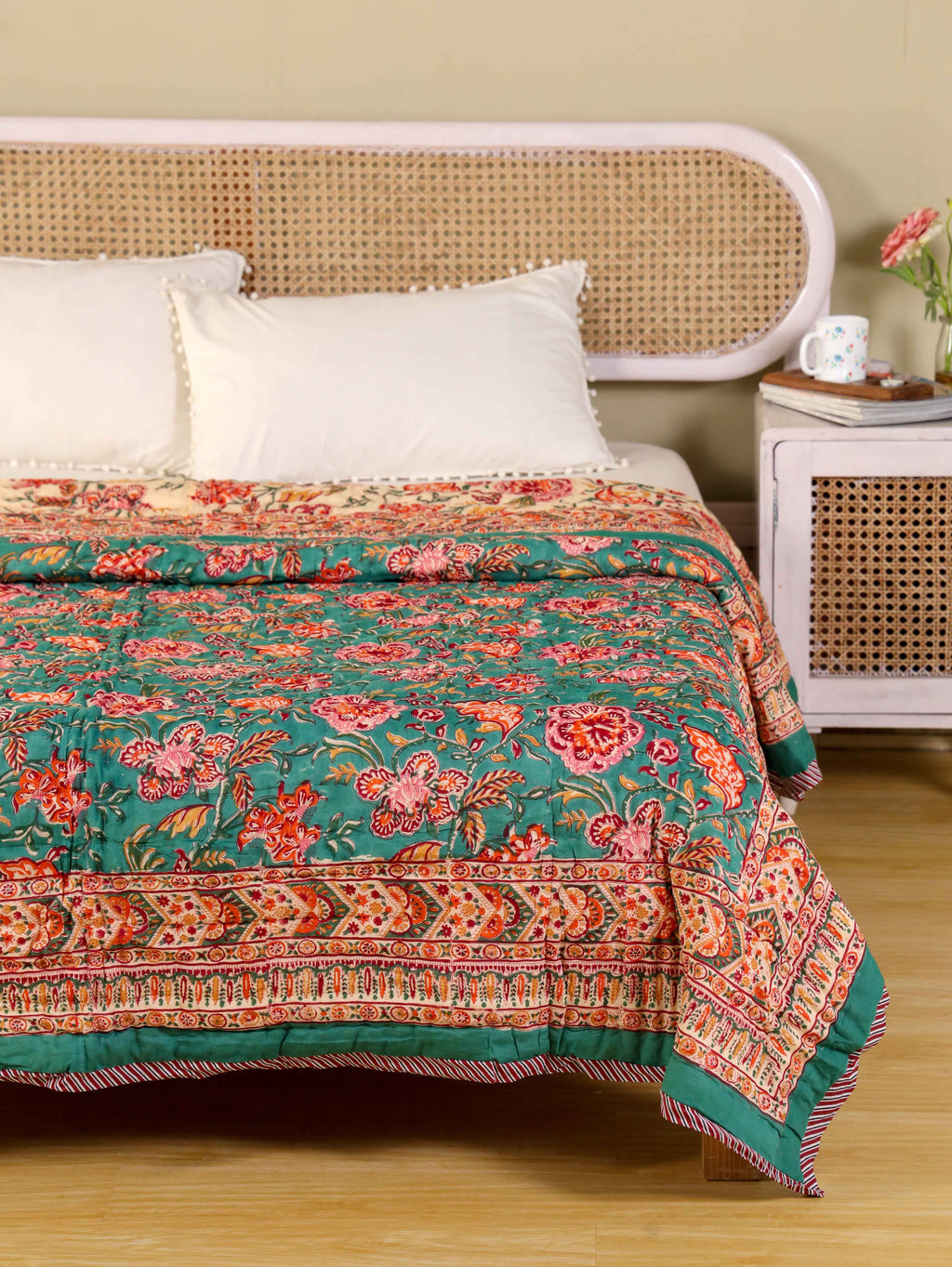 SHAHI GREEN KASHYAB HAND BLOCK PRINT REVERSIBLE COTTON QUILT/RAZAI