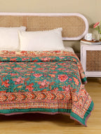 SHAHI GREEN KASHYAB HAND BLOCK PRINT REVERSIBLE COTTON QUILT/RAZAI