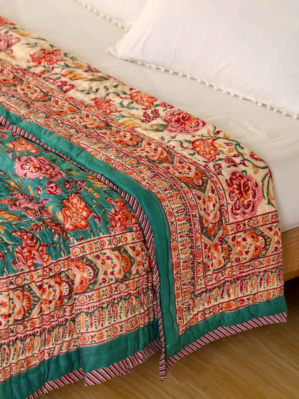 SHAHI GREEN KASHYAB HAND BLOCK PRINT REVERSIBLE COTTON QUILT/RAZAI