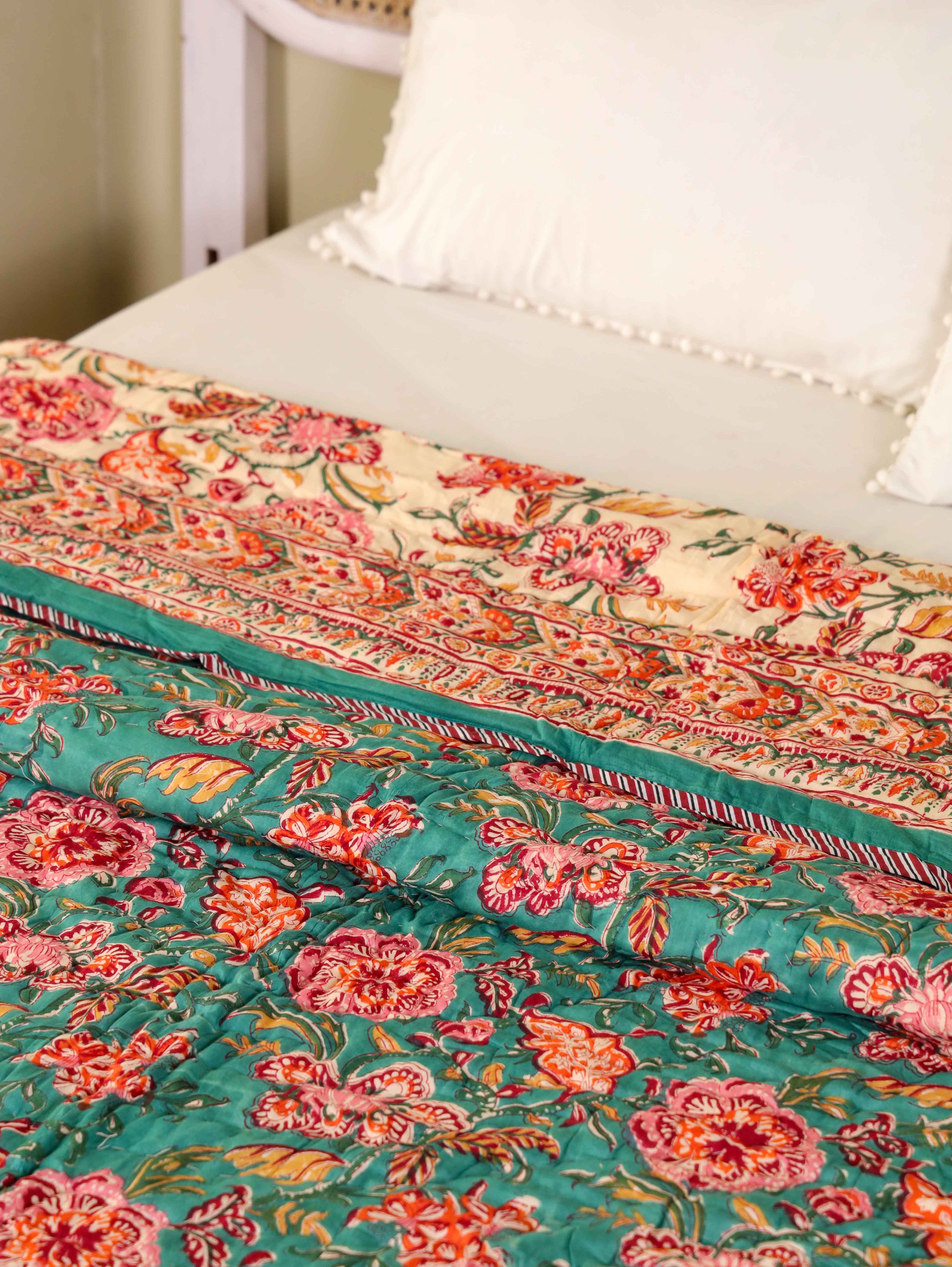 SHAHI GREEN KASHYAB HAND BLOCK PRINT REVERSIBLE COTTON QUILT/RAZAI