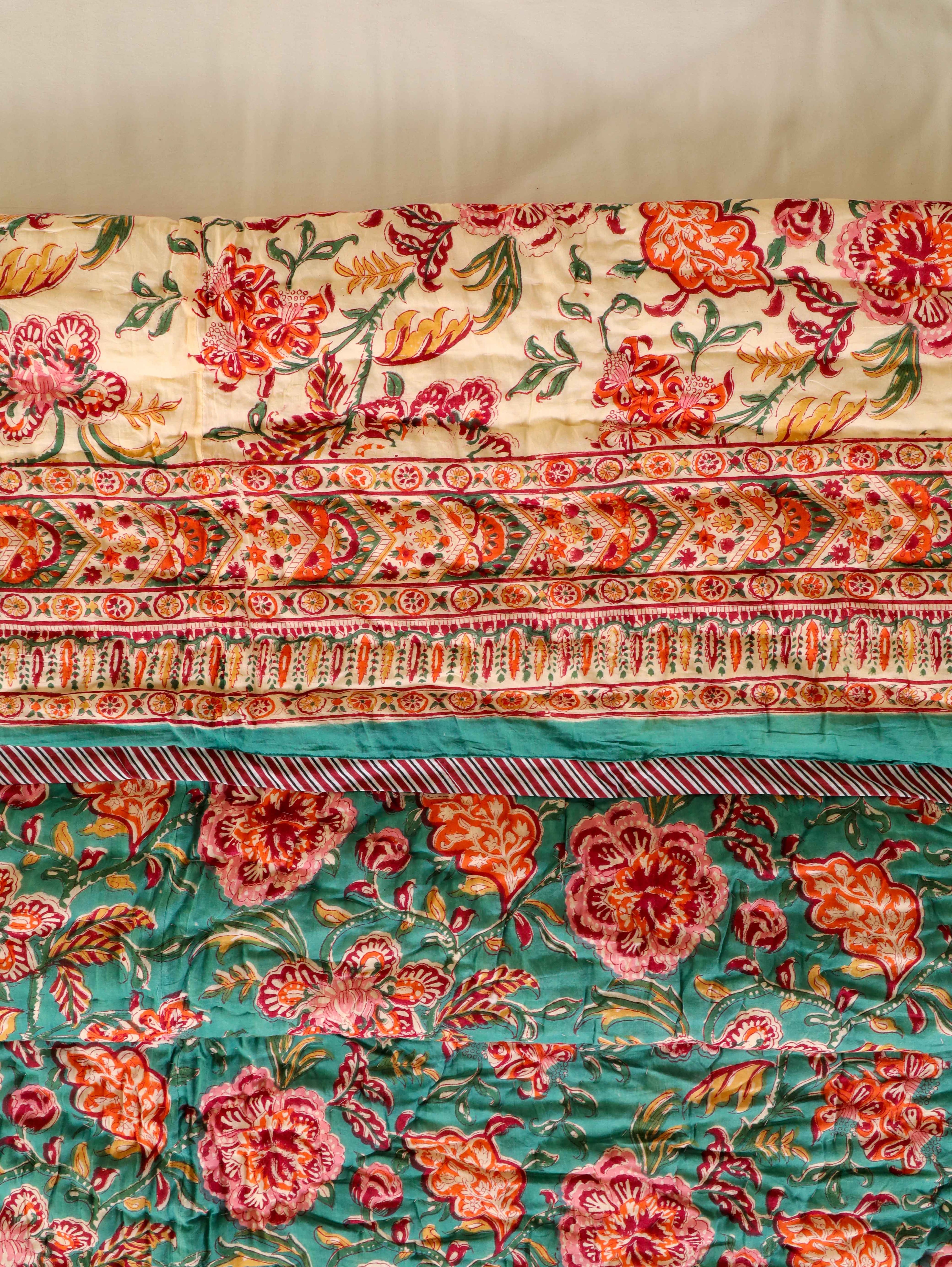 SHAHI GREEN KASHYAB HAND BLOCK PRINT REVERSIBLE COTTON QUILT/RAZAI