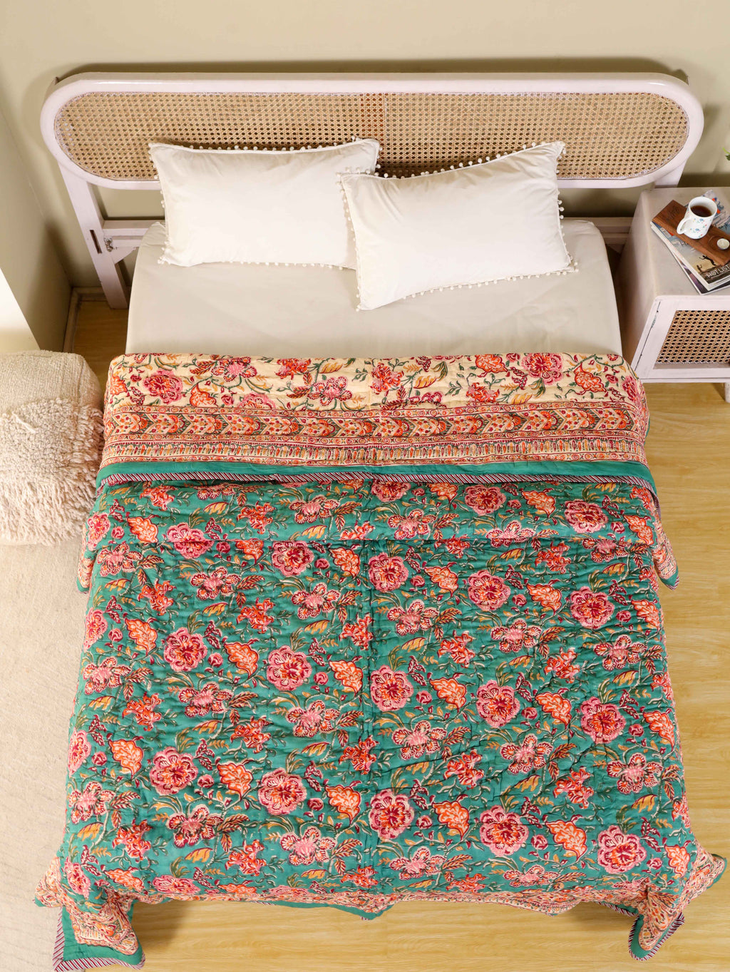 SHAHI GREEN KASHYAB HAND BLOCK PRINT REVERSIBLE COTTON QUILT/RAZAI