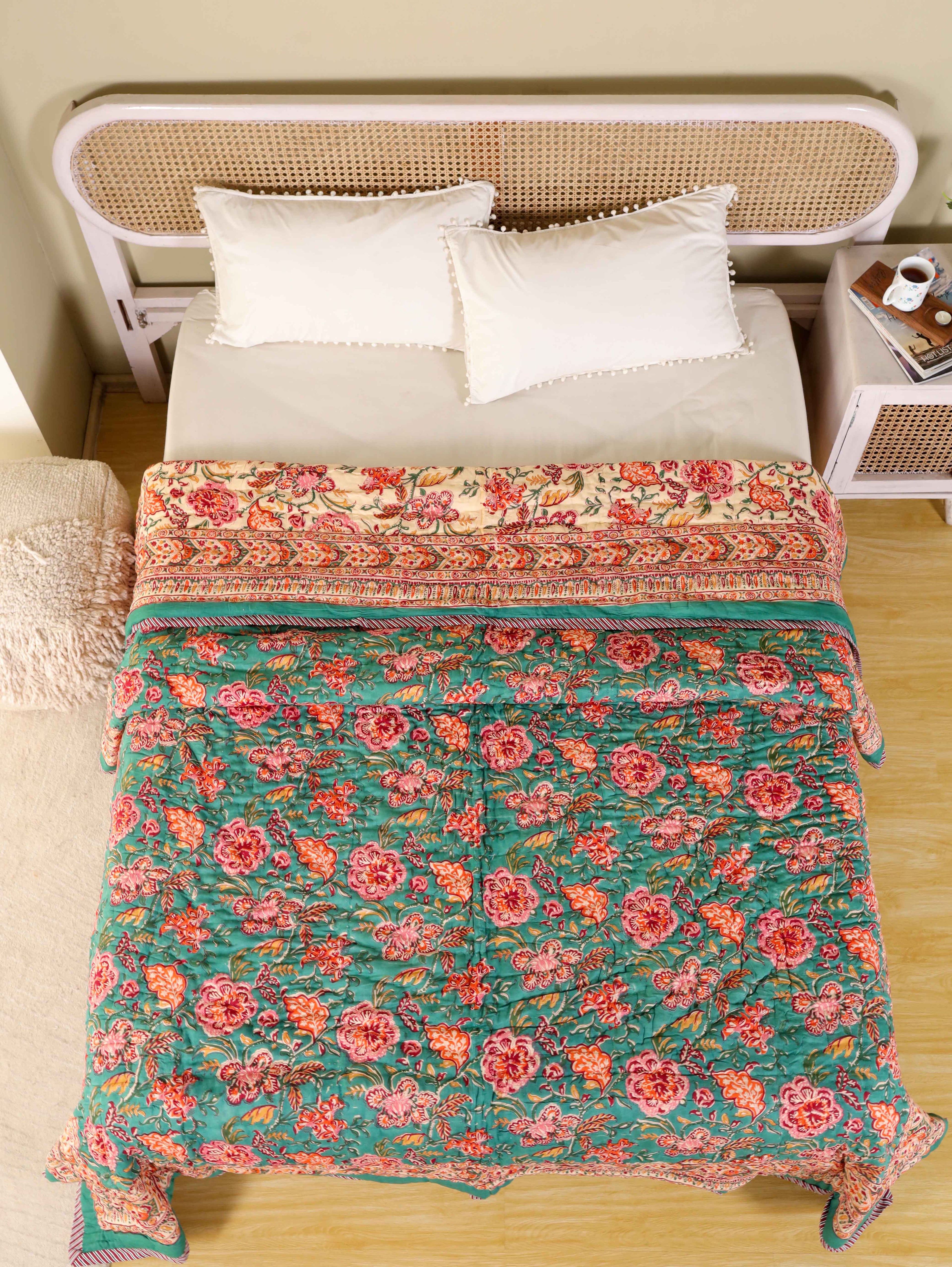 SHAHI GREEN KASHYAB HAND BLOCK PRINT REVERSIBLE COTTON QUILT/RAZAI