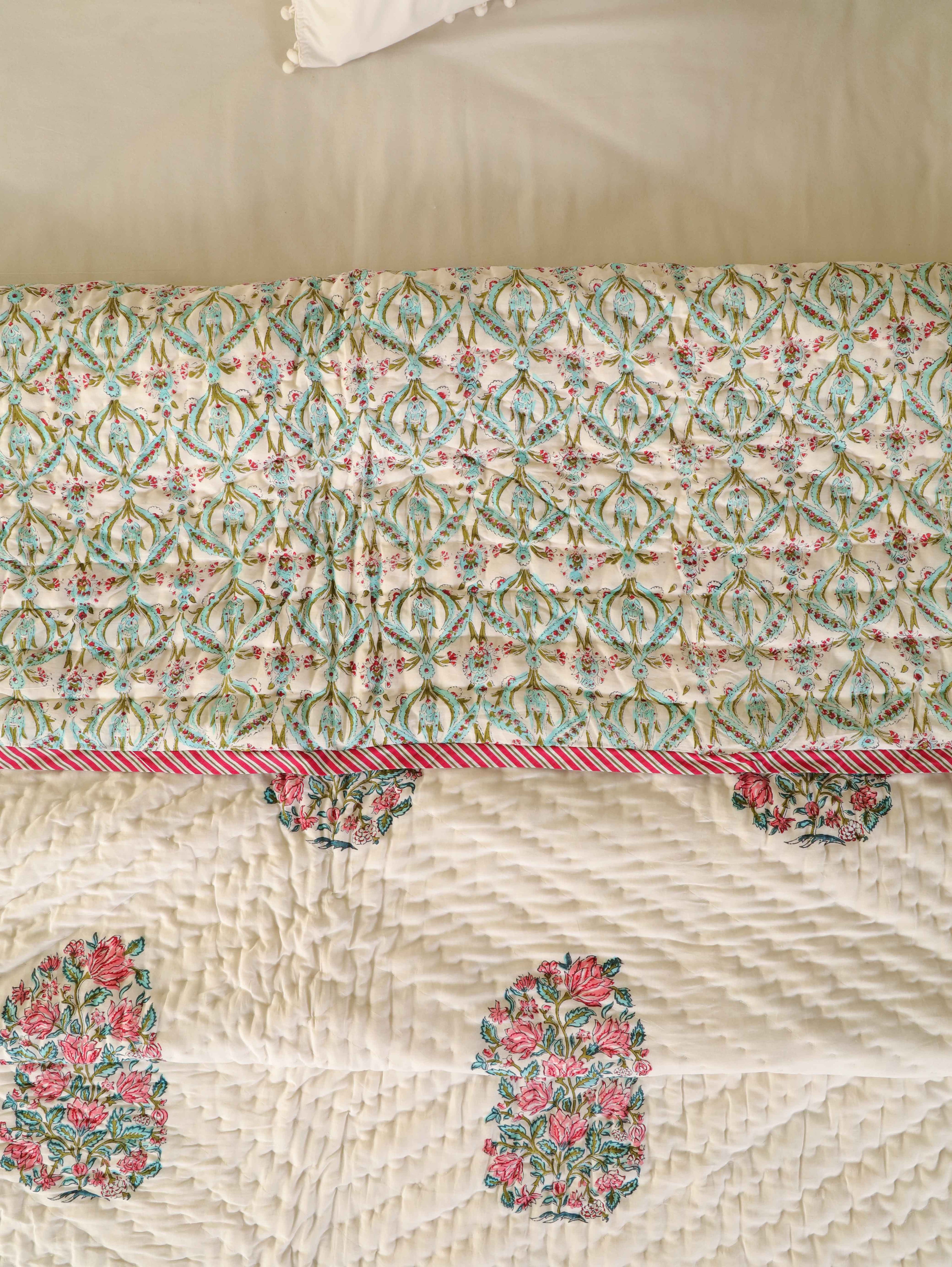 CLASSIC ROYAL MUGAL MOTIF HAND BLOCK PRINT REVERSIBLE COTTON QUILT/RAZAI