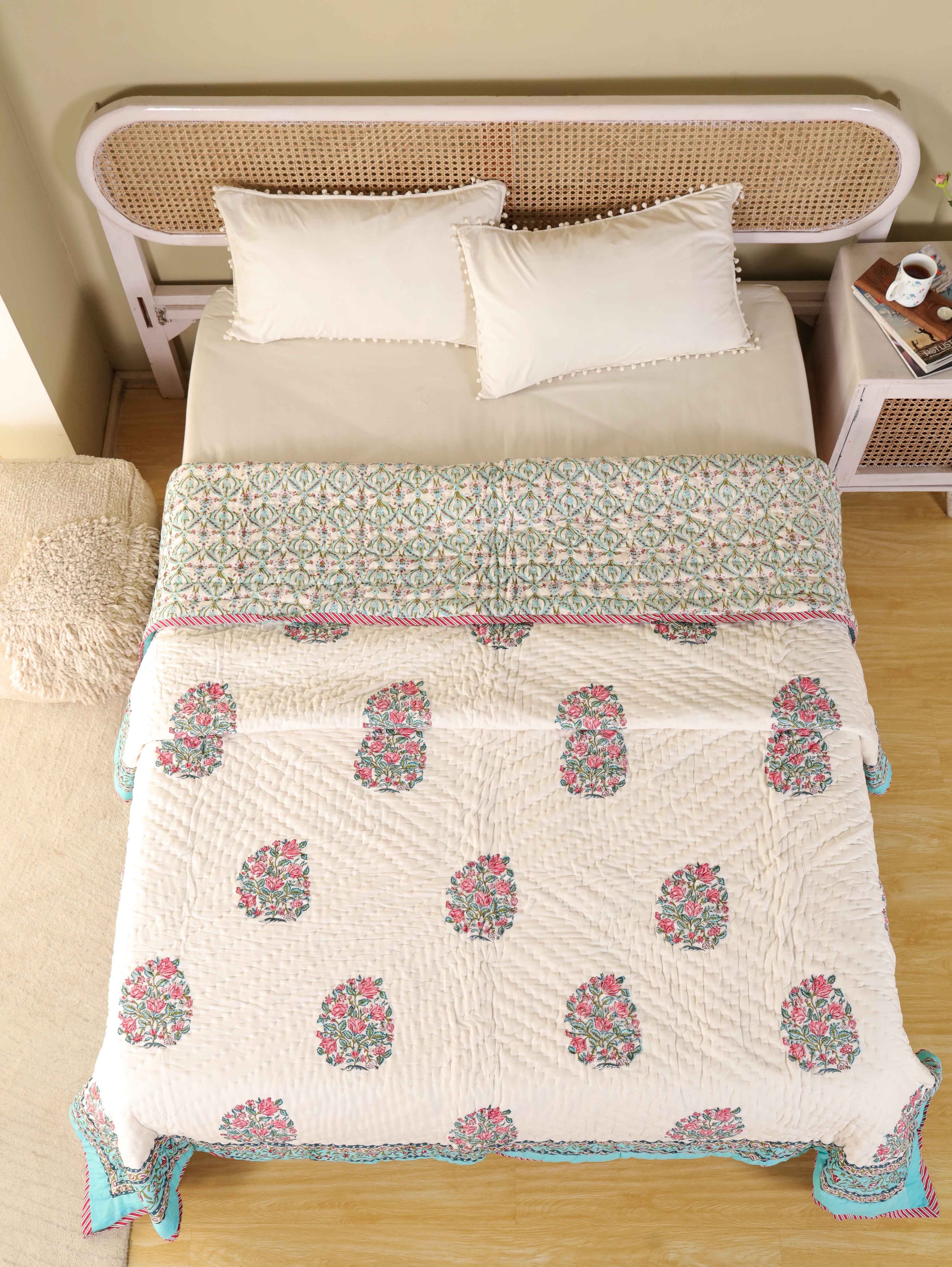 CLASSIC ROYAL MUGAL MOTIF HAND BLOCK PRINT REVERSIBLE COTTON QUILT/RAZAI
