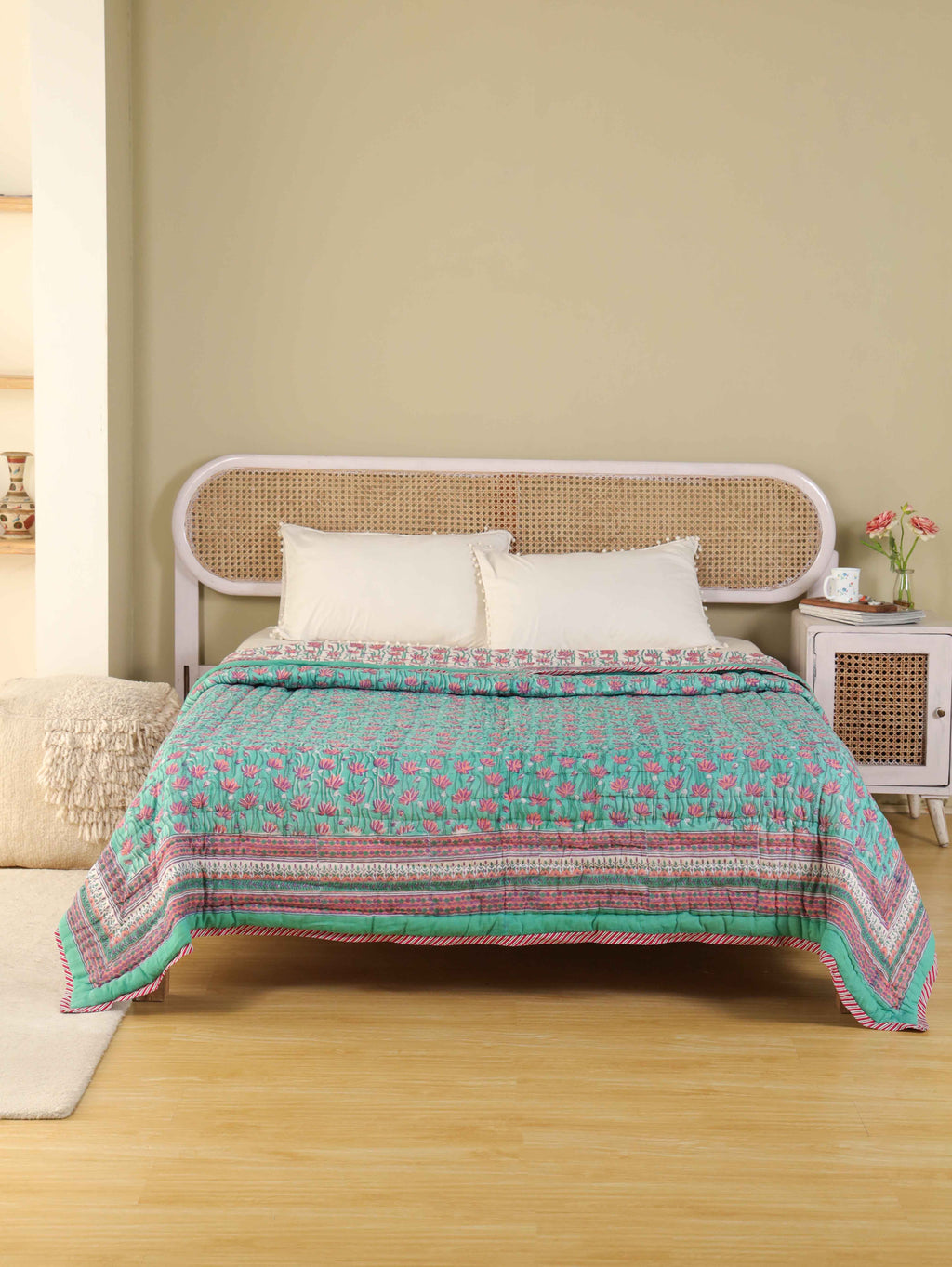 EMERALD GREEN GARDEN HAND BLOCK PRINT REVERSIBLE COTTON QUILT/RAZAI