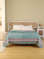 EMERALD GREEN GARDEN HAND BLOCK PRINT REVERSIBLE COTTON QUILT/RAZAI