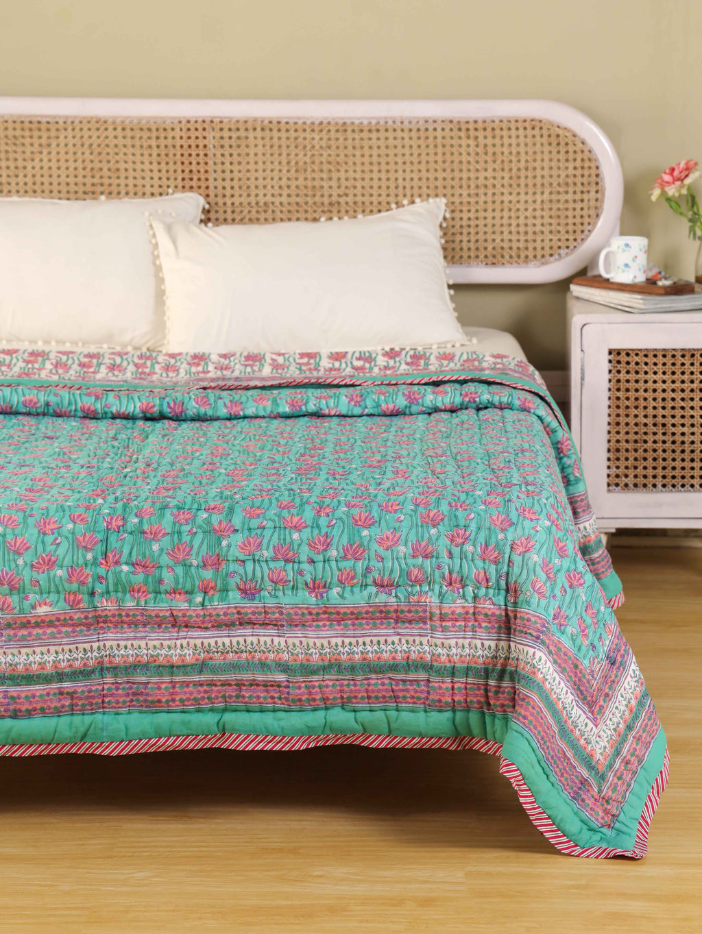 EMERALD GREEN GARDEN HAND BLOCK PRINT REVERSIBLE COTTON QUILT/RAZAI