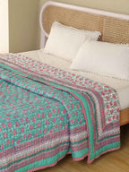 EMERALD GREEN GARDEN HAND BLOCK PRINT REVERSIBLE COTTON QUILT/RAZAI